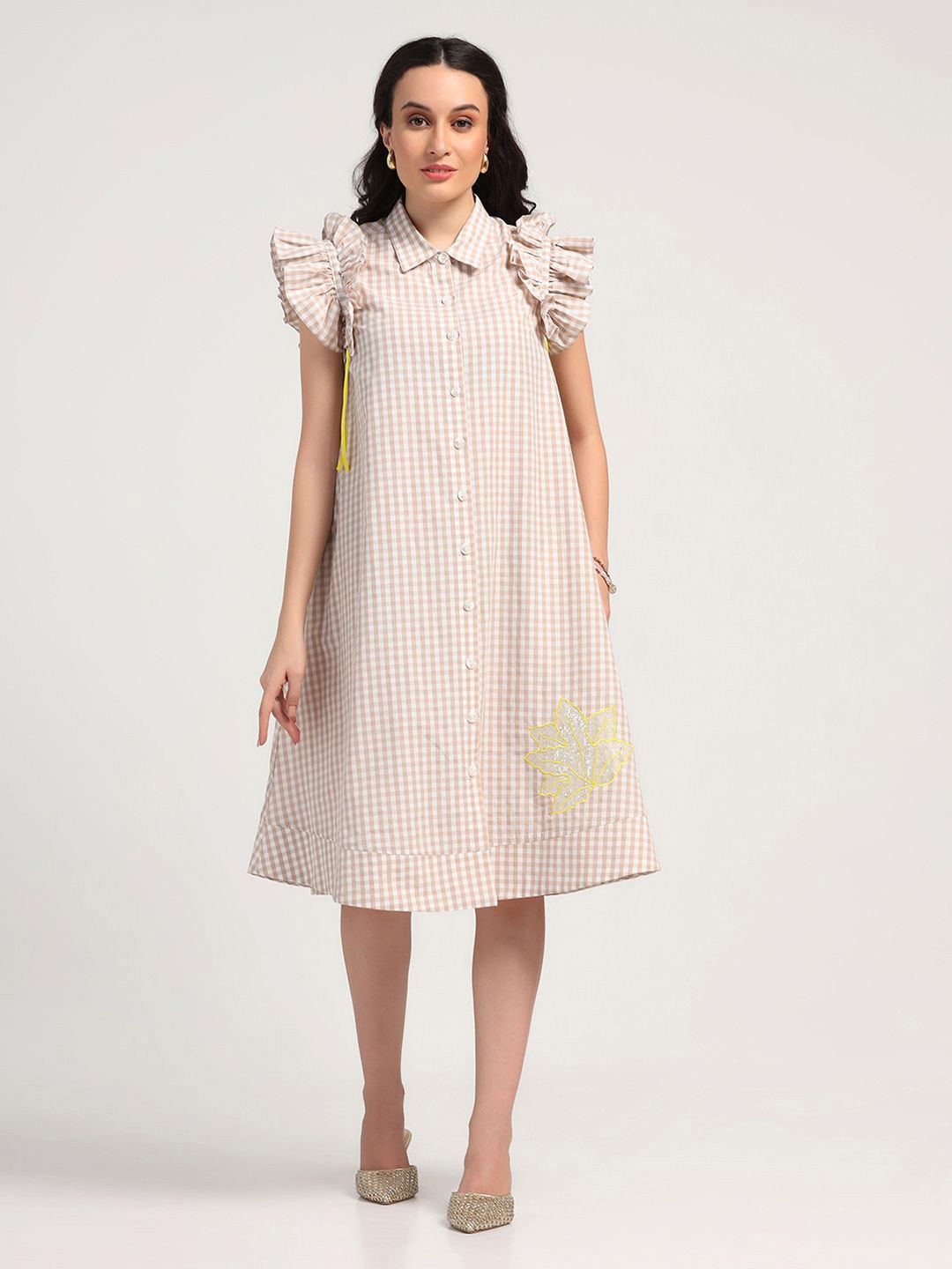 

LELA Checked Shirt Collar A-Line Dress, Beige