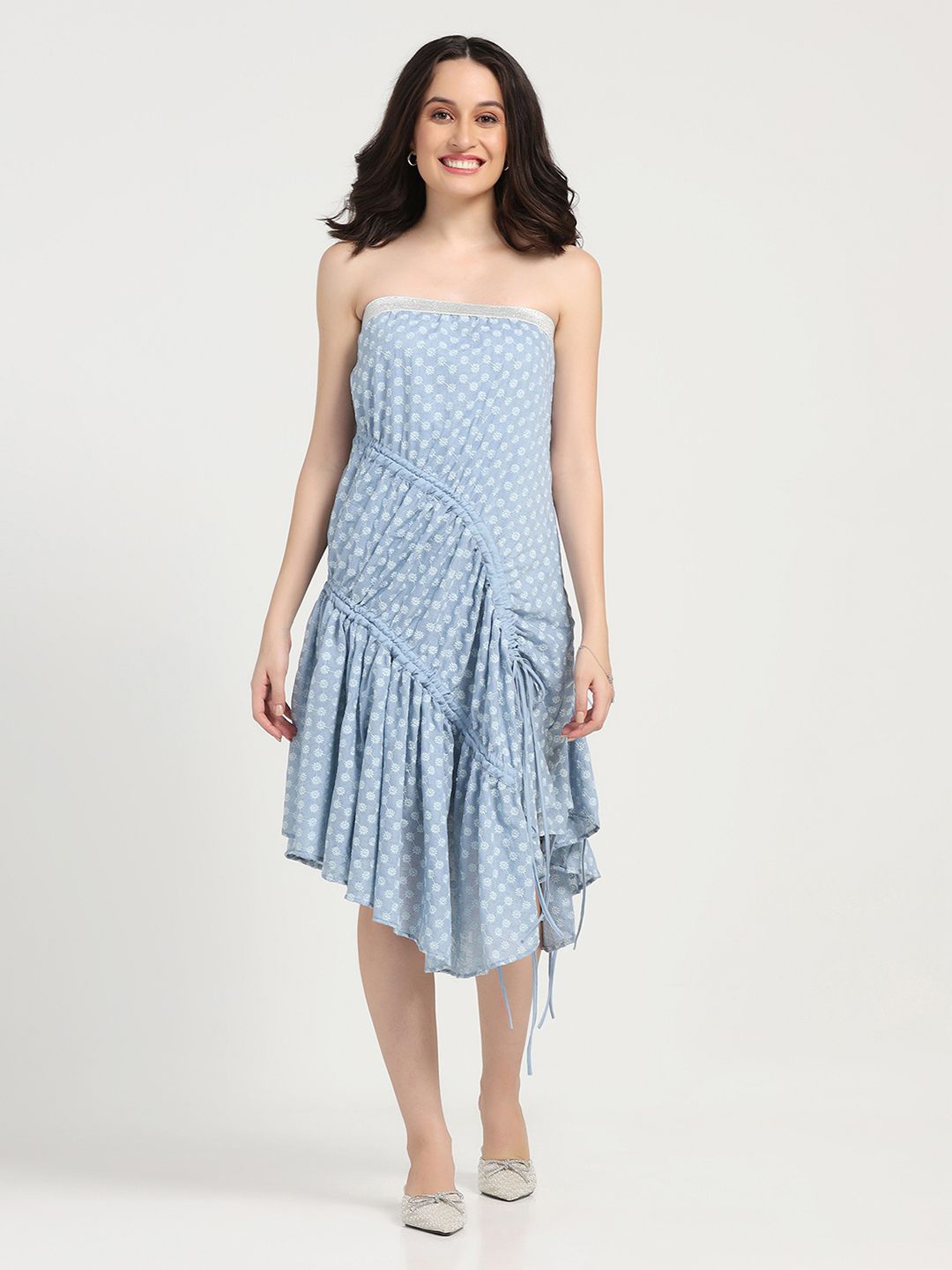 

LELA Print Off-Shoulder A-Line Midi Dress, Blue