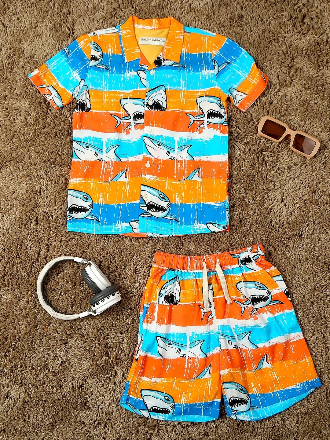 

The Lion and The Fish Boys Conversational Printed Shirt With Shorts, Blue