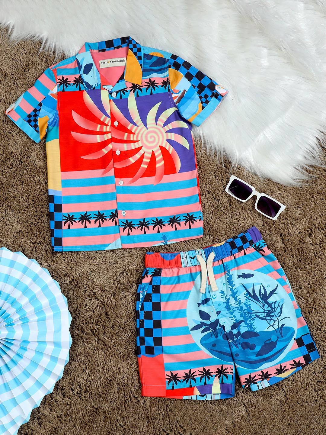 

The Lion and The Fish Boys Conversational Printed Shirt With Shorts, Blue