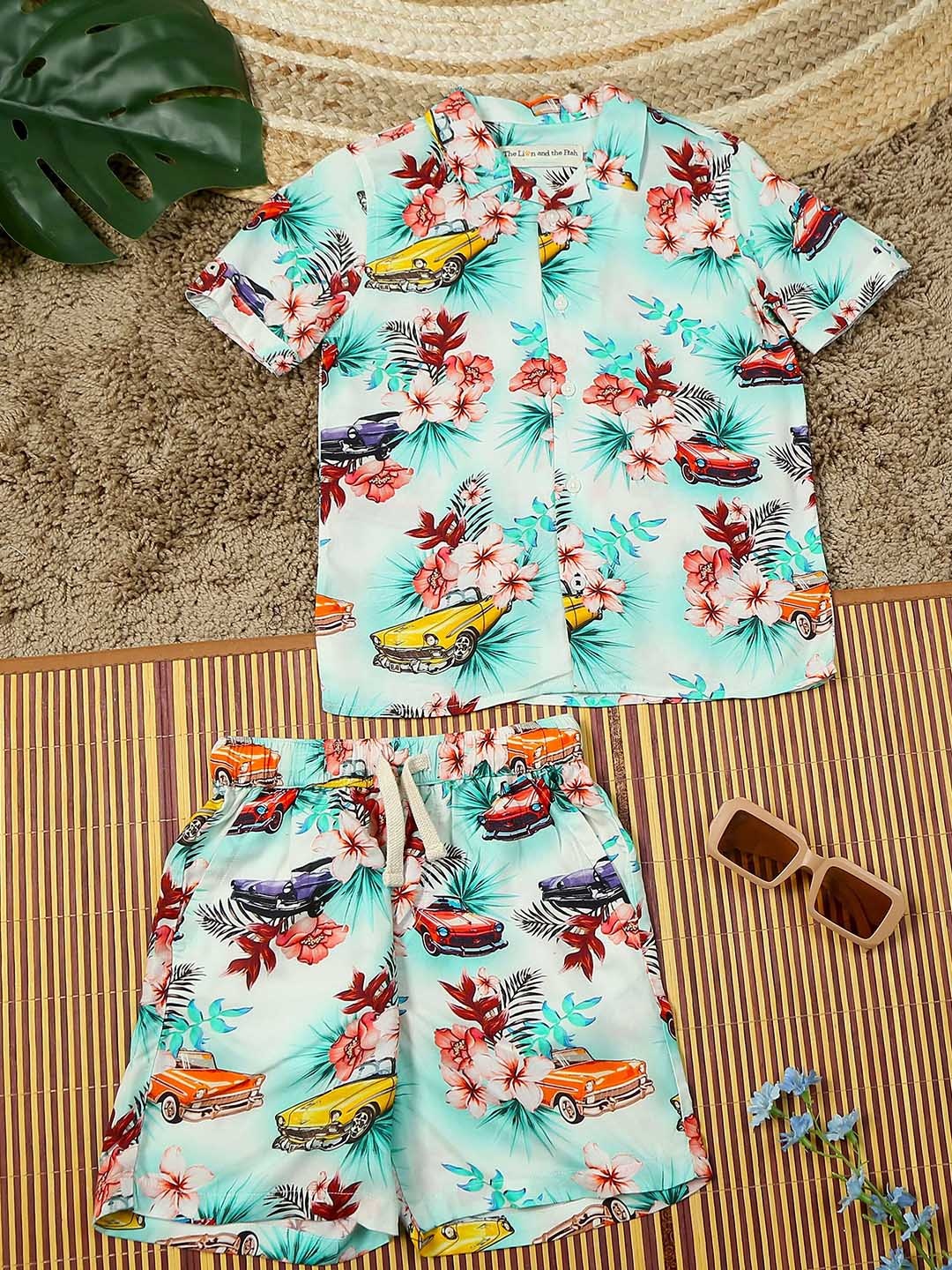 

The Lion and The Fish Boys Floral Printed Shirt With Shorts, Green