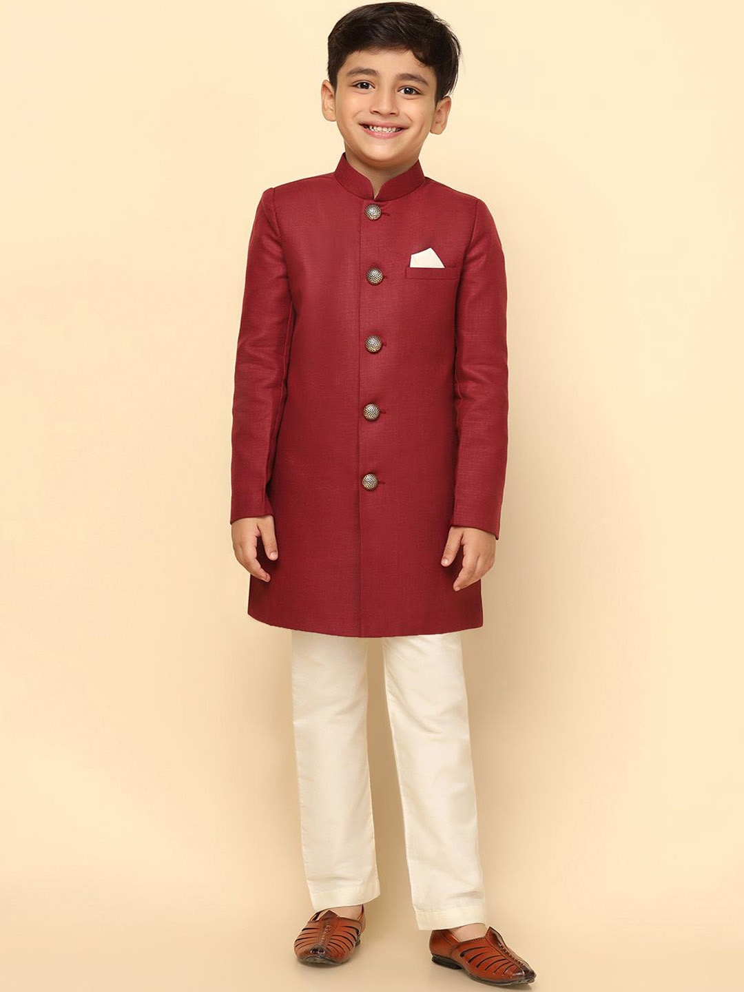 

KISAH Ethnic Boys Self-Design Indowestern Sherwani Set, Maroon