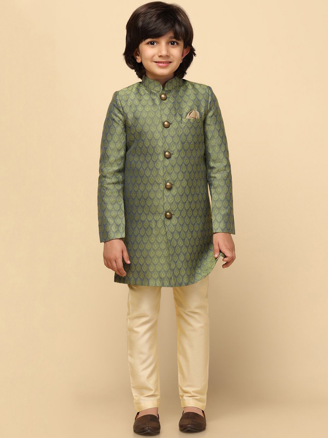 

KISAH Boys Ethnic Woven-Designed Indowestern Solid Sherwani, Green