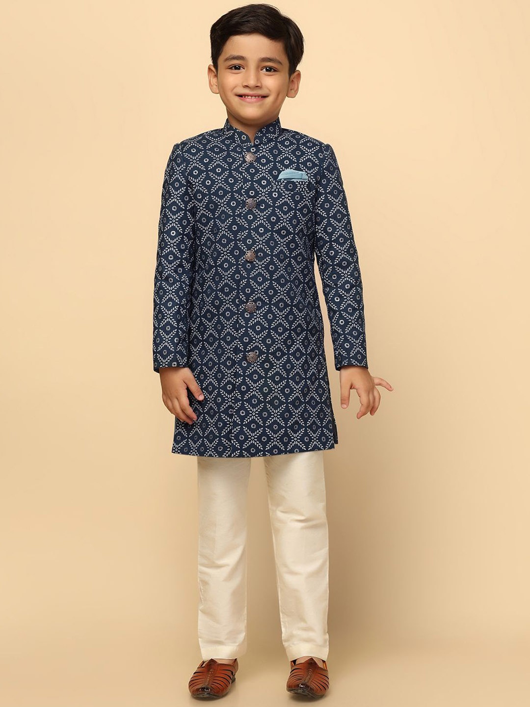 

KISAH Ethnic Boys Printed Indowestern Sherwani Set, Blue