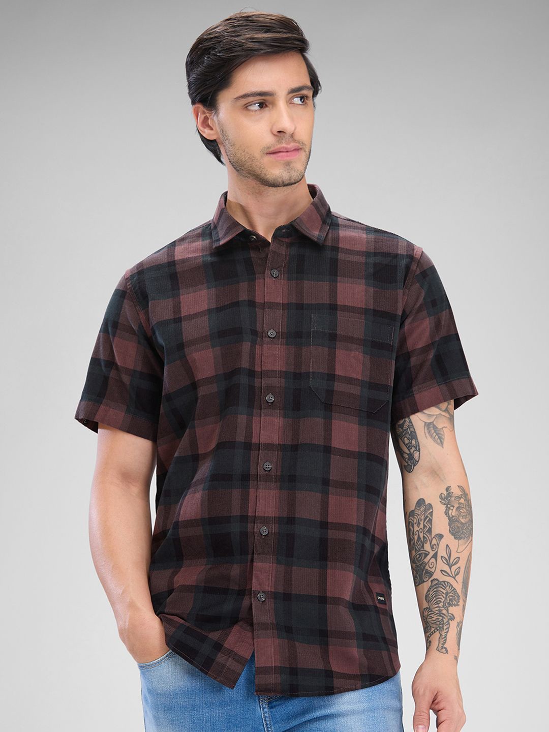

SPYKAR Men Tartan Checks Spread Collar Slim Fit Casual Shirt, Pink