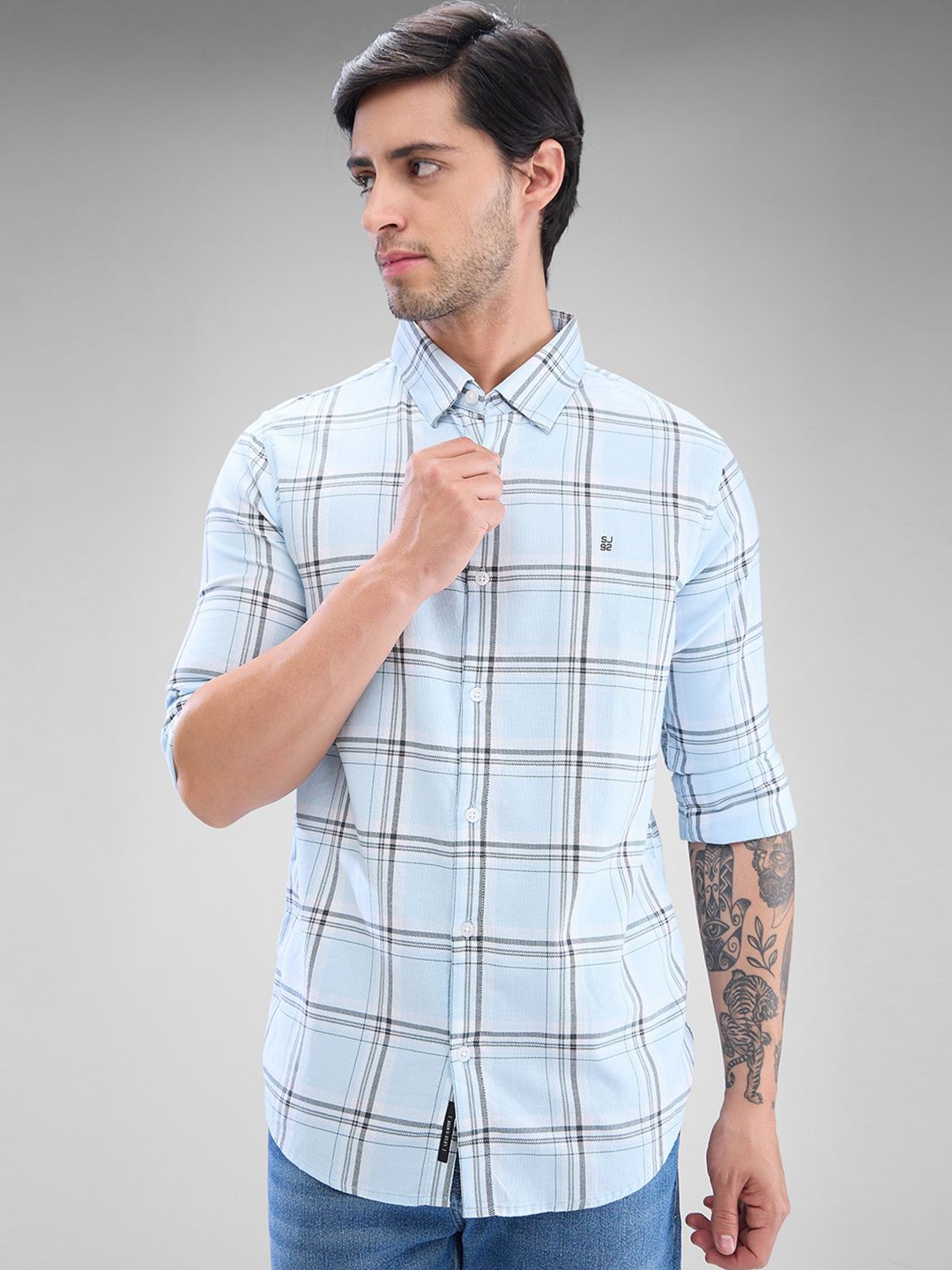 

SPYKAR Men Tartan Checks Spread Collar Slim Fit Casual Shirt, Blue