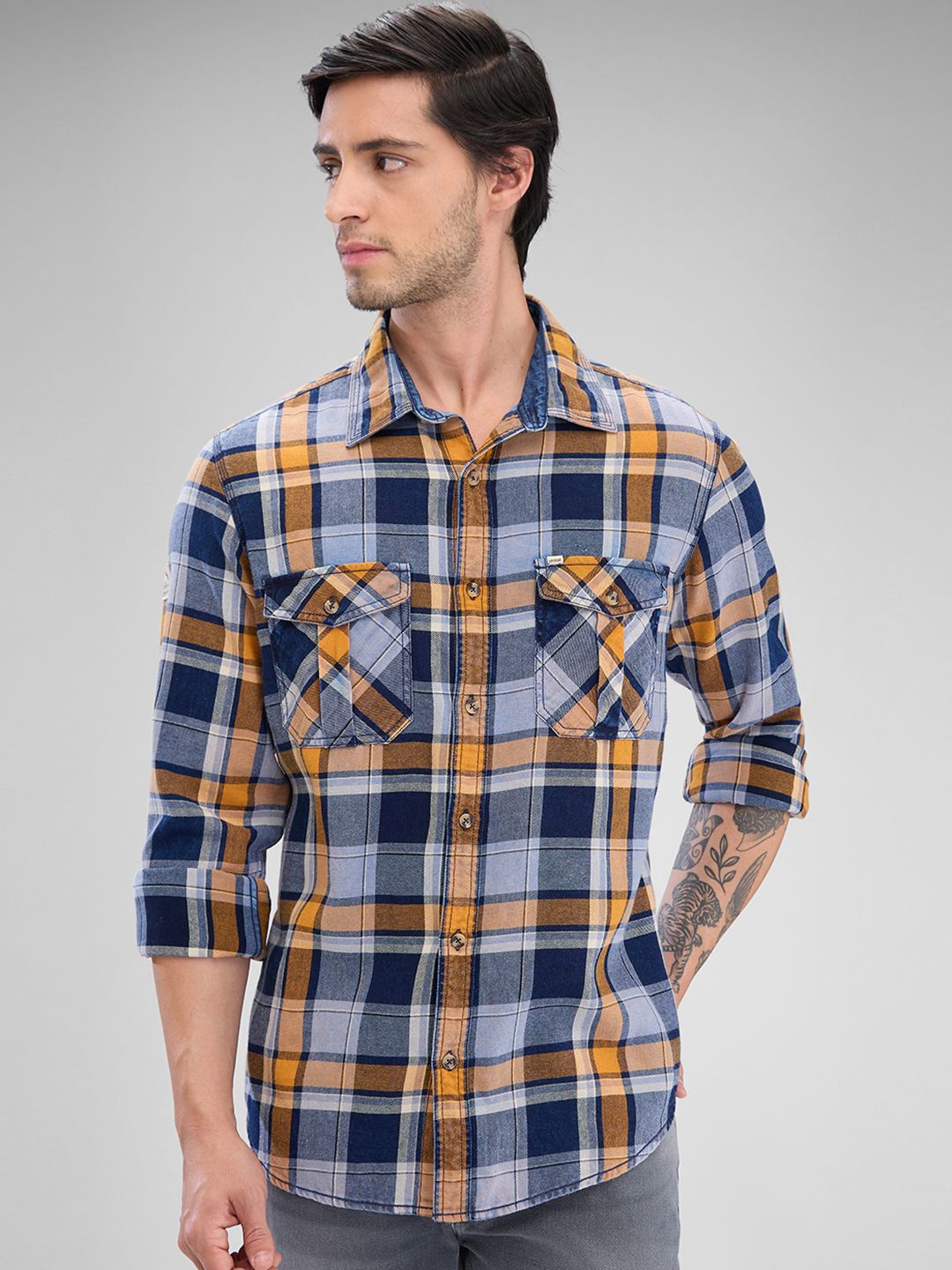 

SPYKAR Men Slim Fit Tartan Checks Opaque Checked Casual Shirt, Yellow