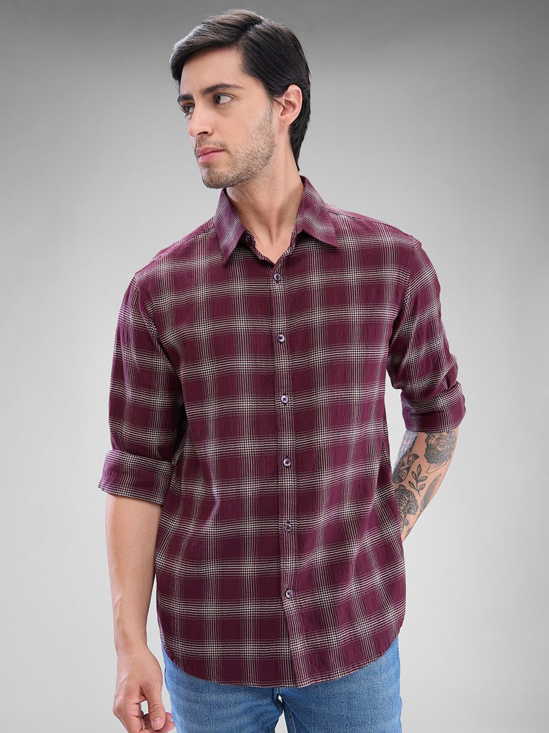 

SPYKAR Men Slim Fit Tartan Checks Opaque Checked Casual Shirt, Purple