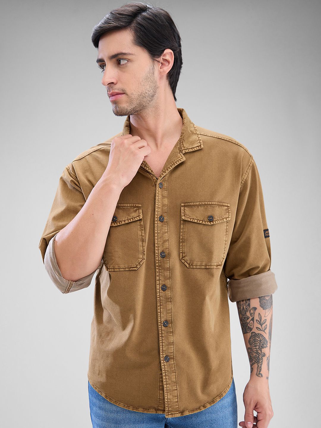 

SPYKAR Men Opaque Solid Cuban Collar Casual Shirt, Khaki