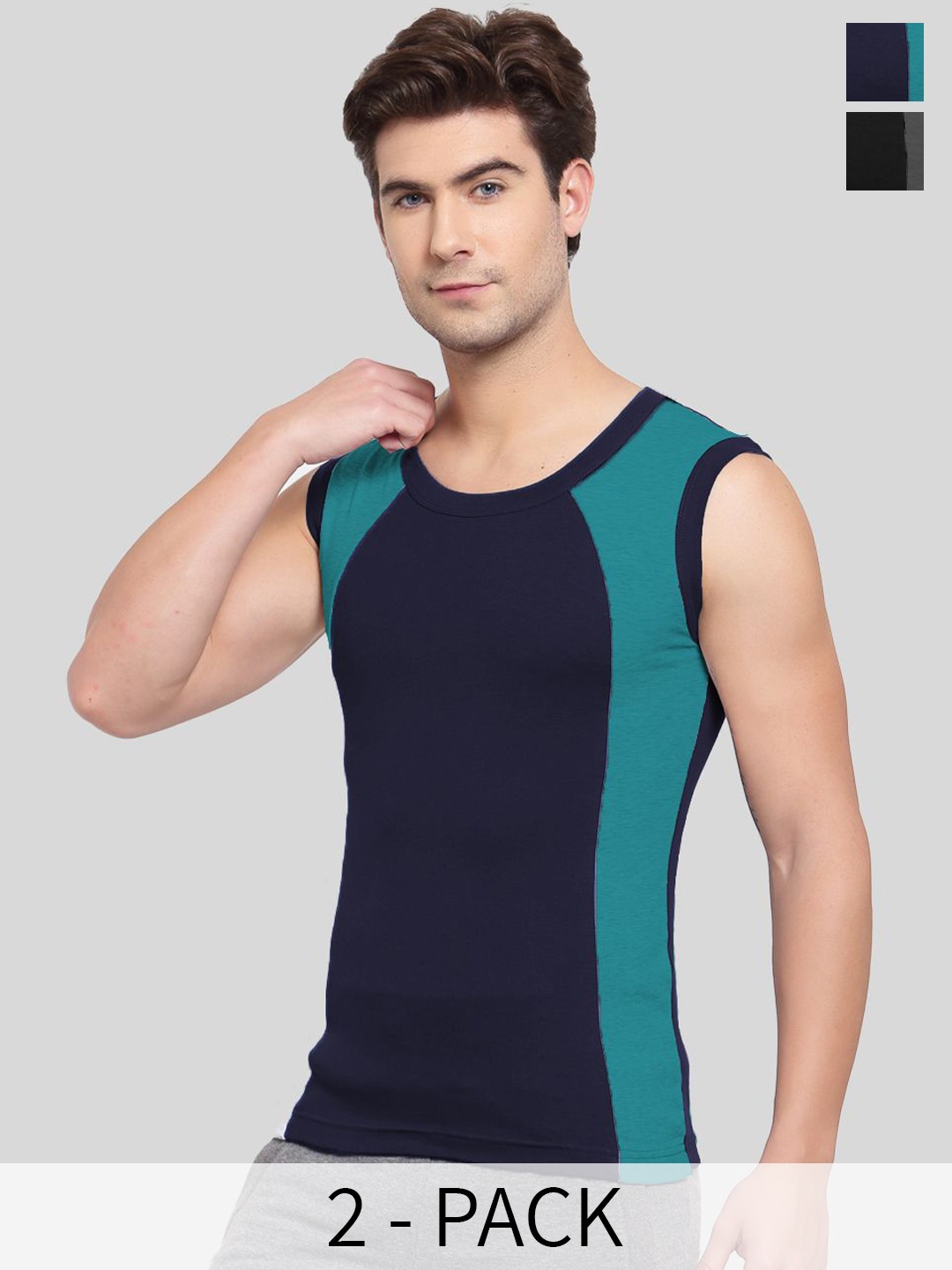 

SPORTO Pack Of 2 Colourblocked Cotton Gym Innerwear Vests, Black