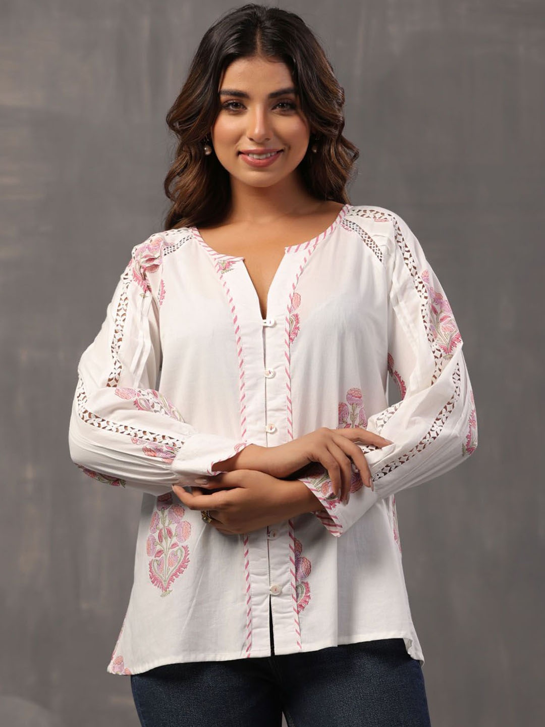 

Meena Bazaar Floral Printed Cuffed Sleeves Cotton Top, Cream
