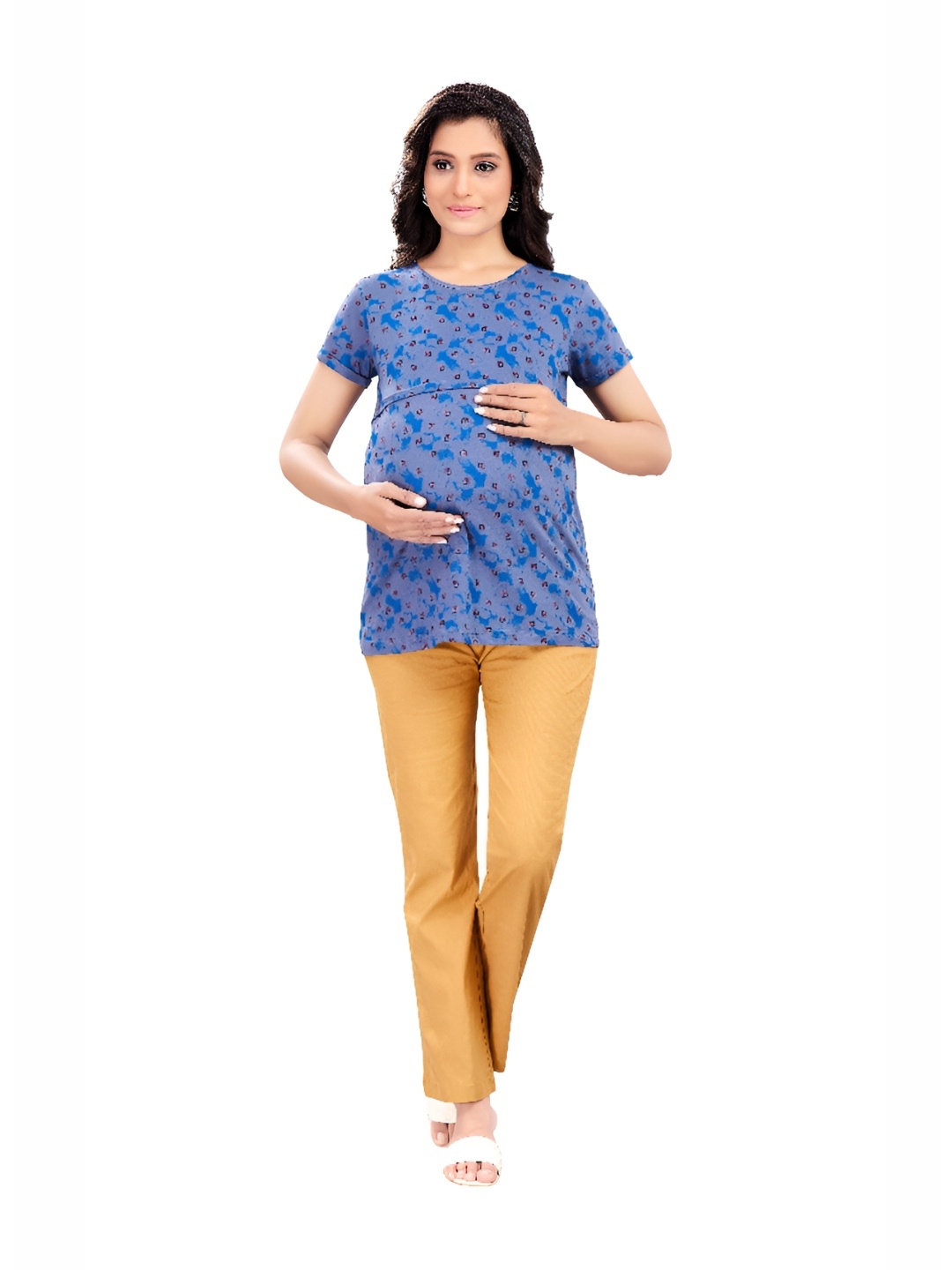 

mama & bebe Women Printed Round Neck Cotton Relaxed Fit T-shirt, Blue