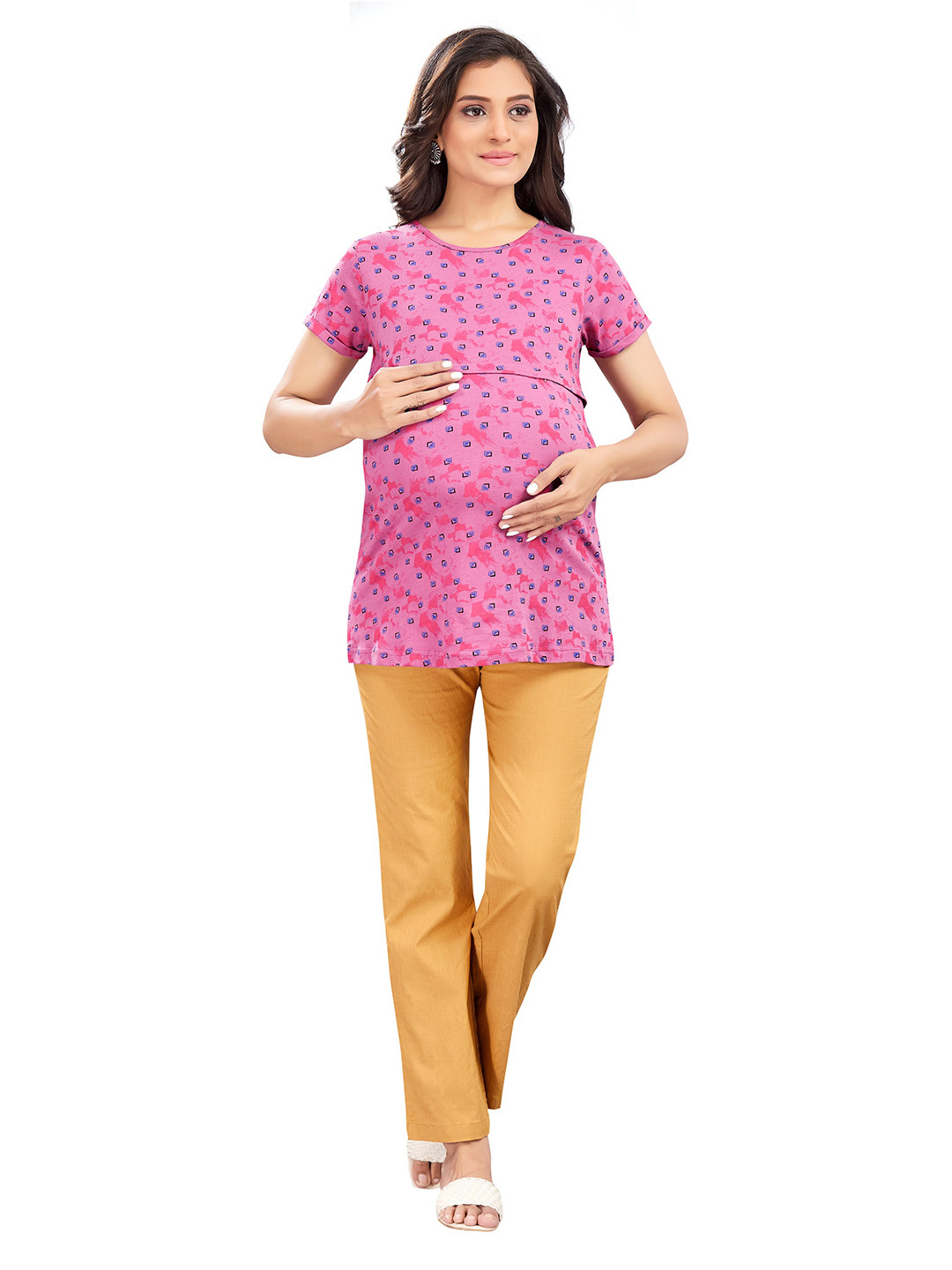 

mama & bebe Women Printed Round Neck Cotton Relaxed Fit T-shirt, Pink