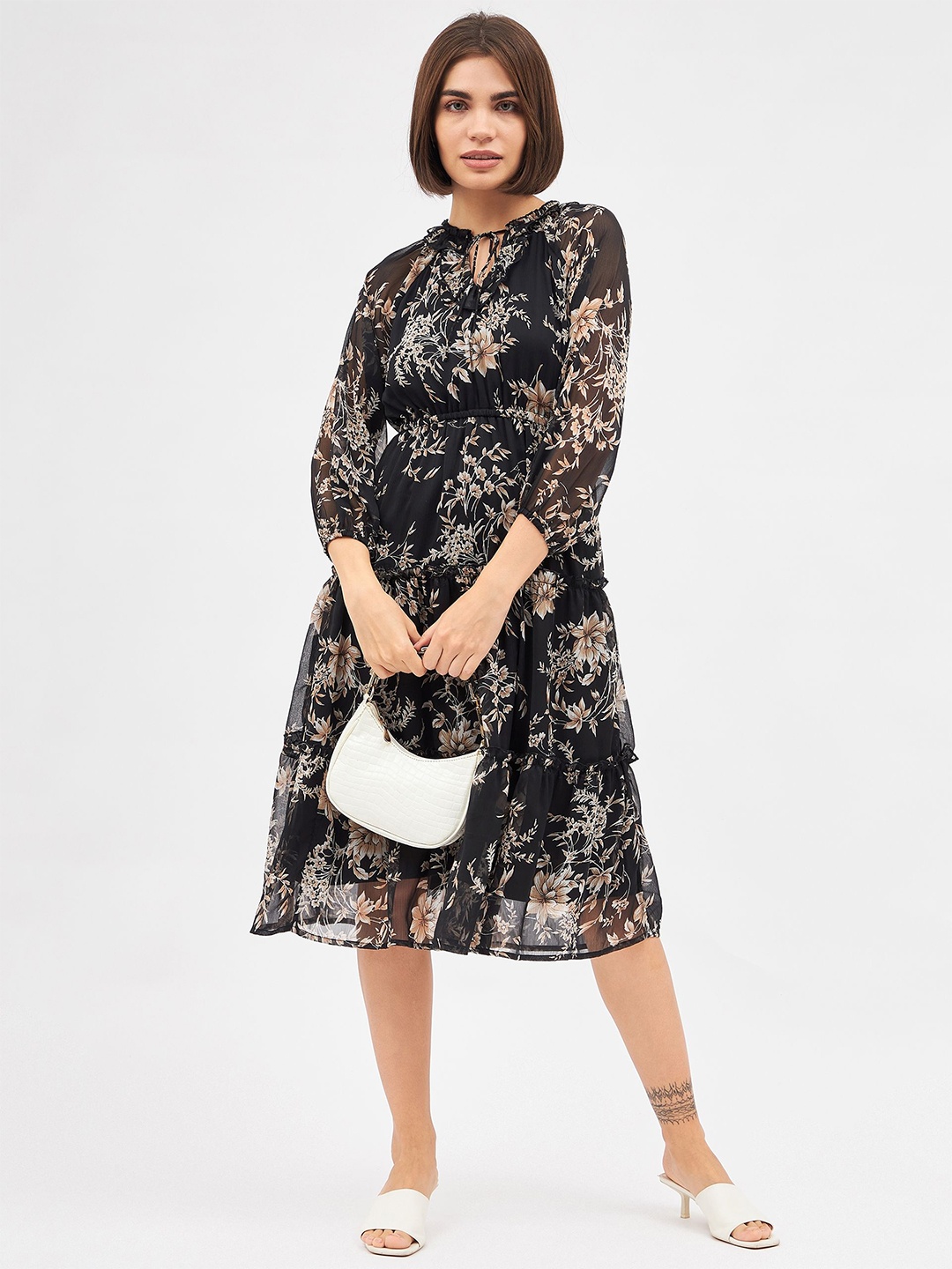 

Kibo Women Floral Print Tie-Up Neck Puff Sleeve Chiffon Fit & Flare Midi Dress, Black