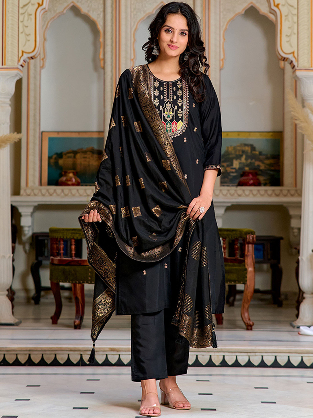 

KALINI Floral Embroidered Straight Chanderi Silk Kurta with Trousers & Dupatta, Black