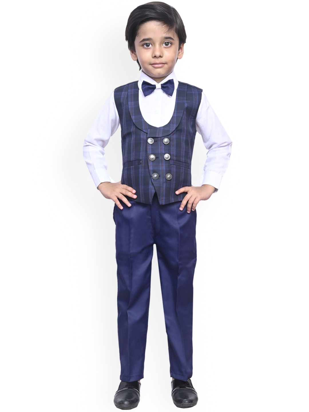 

BAESD Boys Ethnic 3-Piece Solid Checked Suits, Navy blue