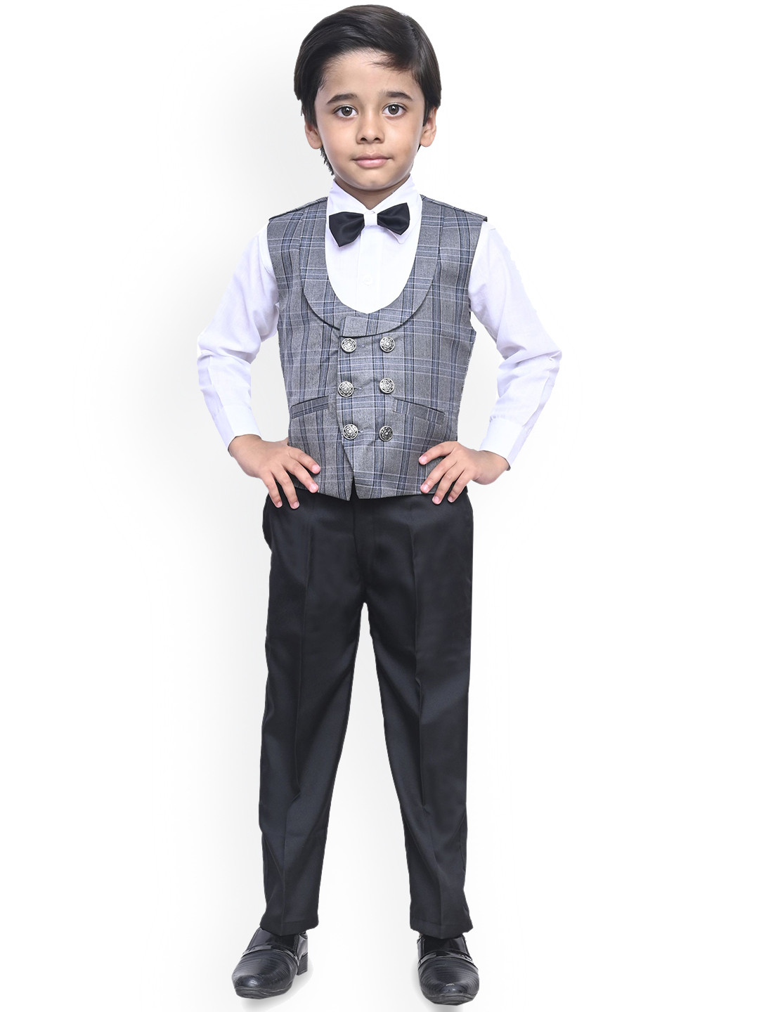 

BAESD Boys Double Breasted Ethnic Solid Ventless Three Pieces Formal Suit, Black