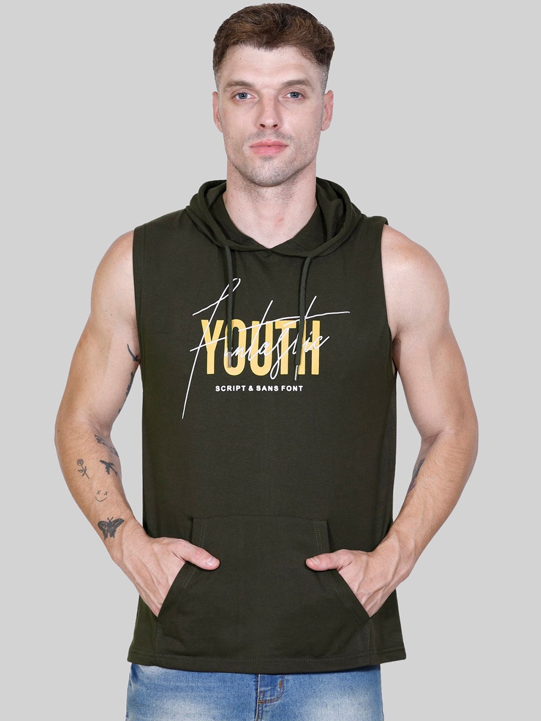 

Looks United Typography Printed Hooded Cotton Gym Vest, Olive