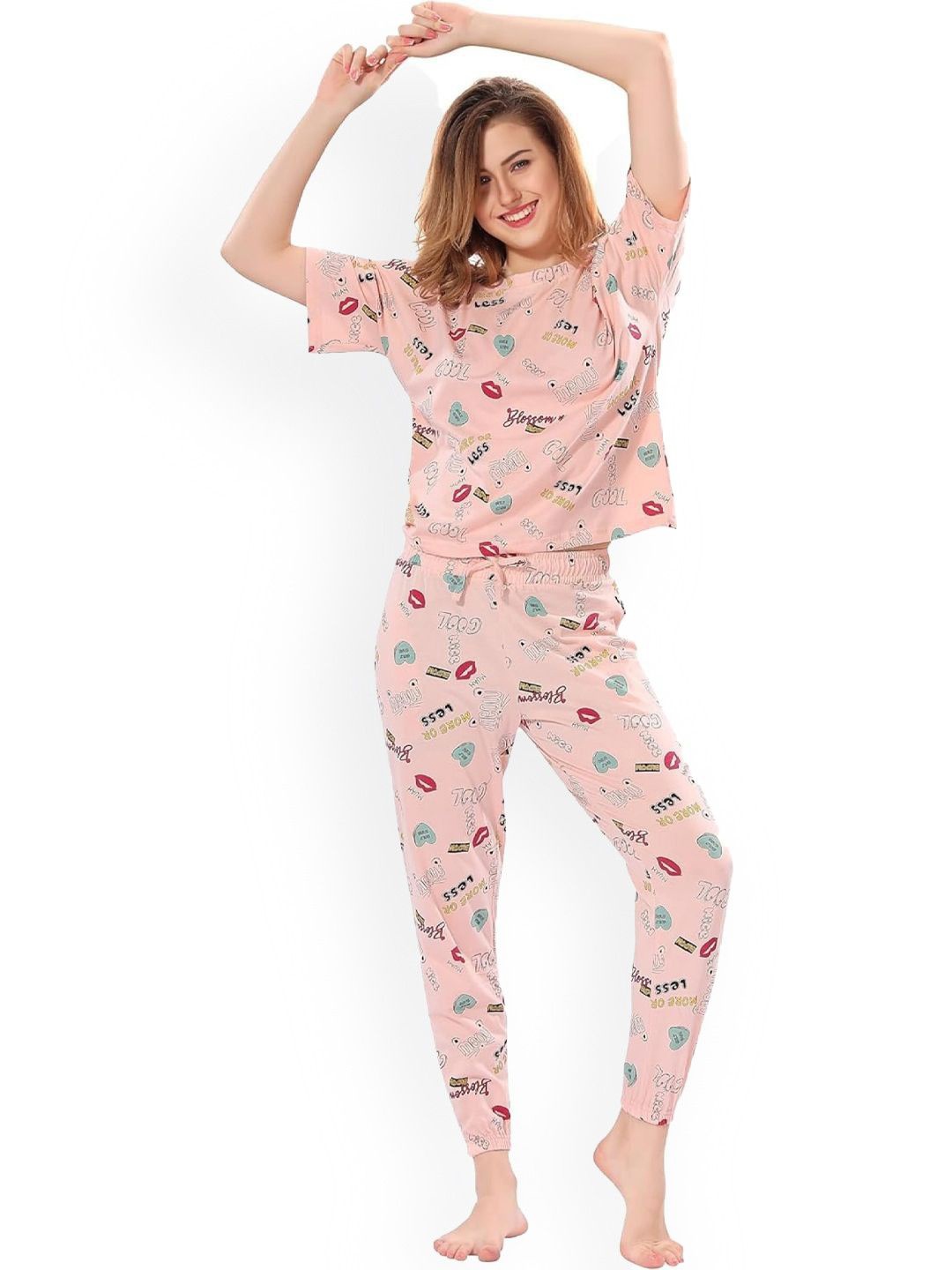 

styledose Conversational Printed T-shirt & Pyjamas, Pink