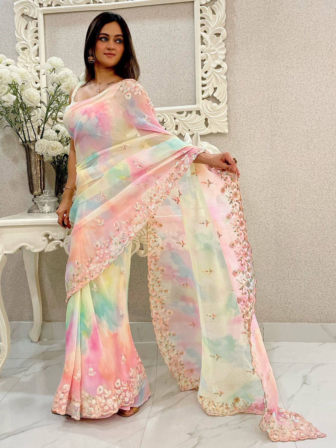 Mitera Floral Embroidered Sequinned Saree, Pink
