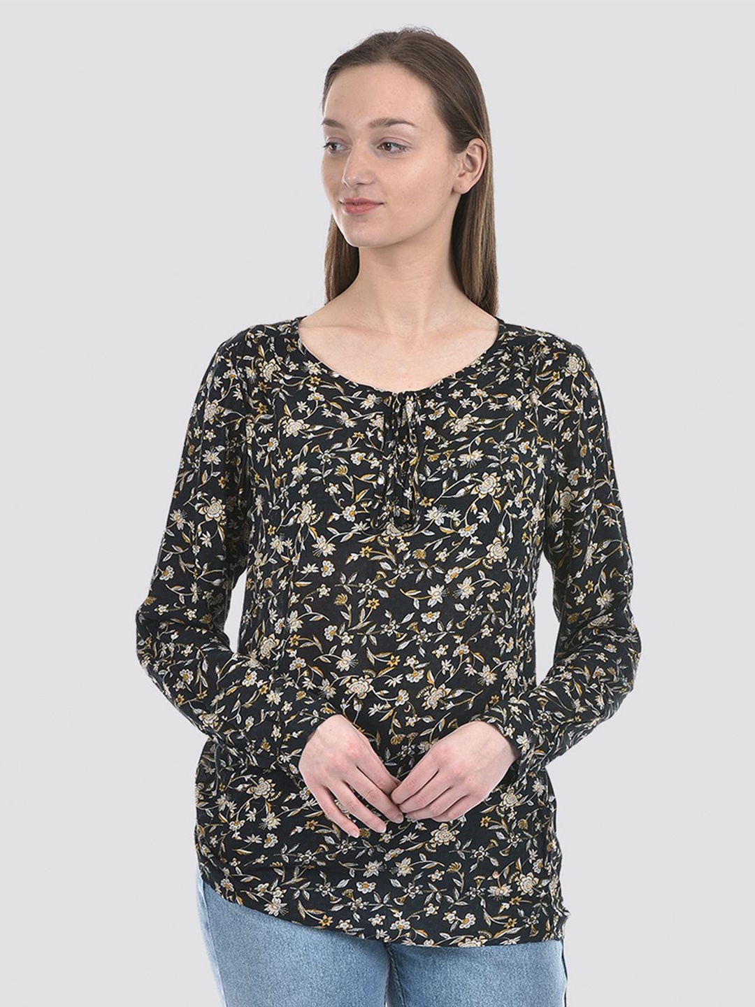 

Numero Uno Floral Print Tie-Up Neck Top, Black