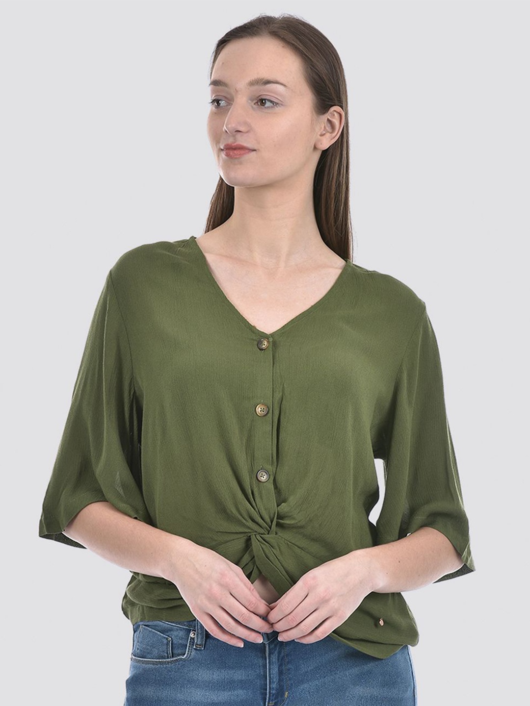 

Numero Uno Solid Flared Sleeve Cotton Top, Green