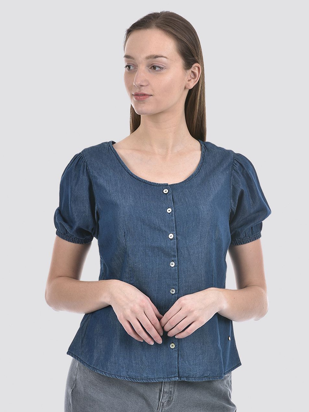 

Numero Uno Puff Sleeve Denim Cotton Top, Blue