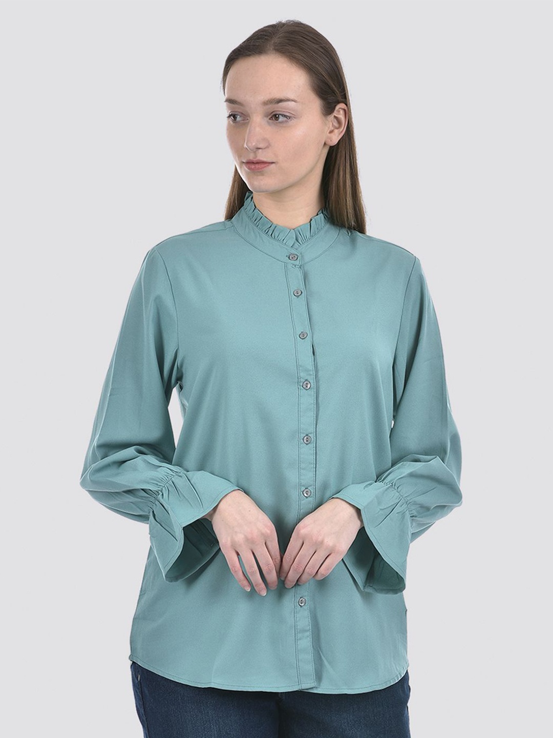 

Numero Uno Solid Mandarin Collar Cotton Shirt Style Top, Teal