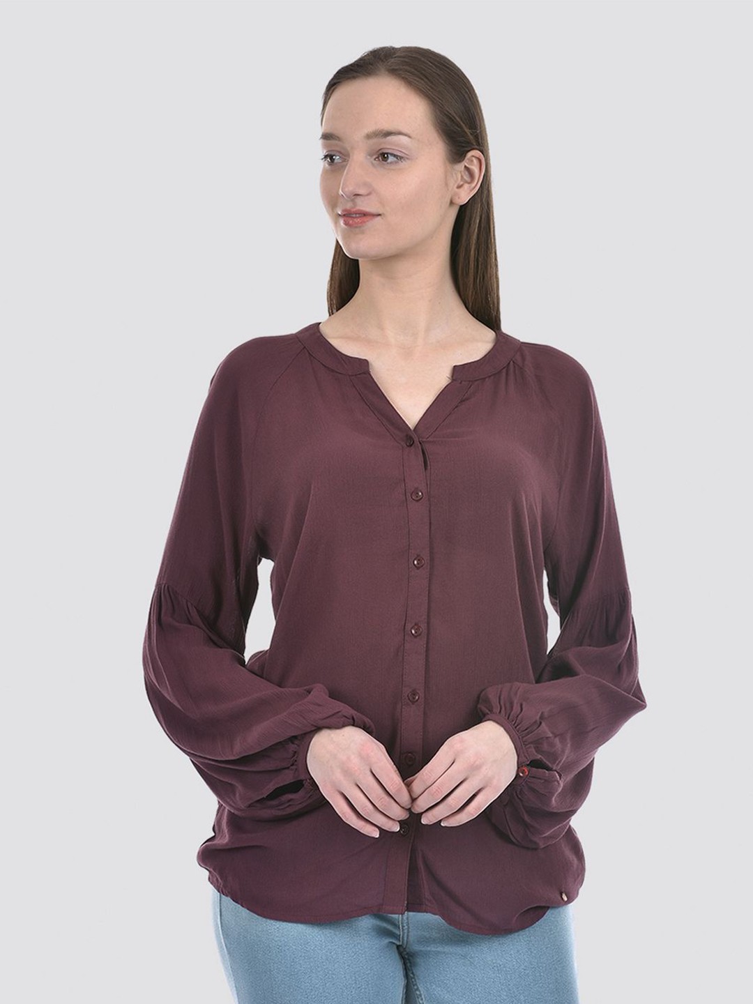 

Numero Uno Solid Puff Sleeve Cotton Shirt Style Top, Maroon