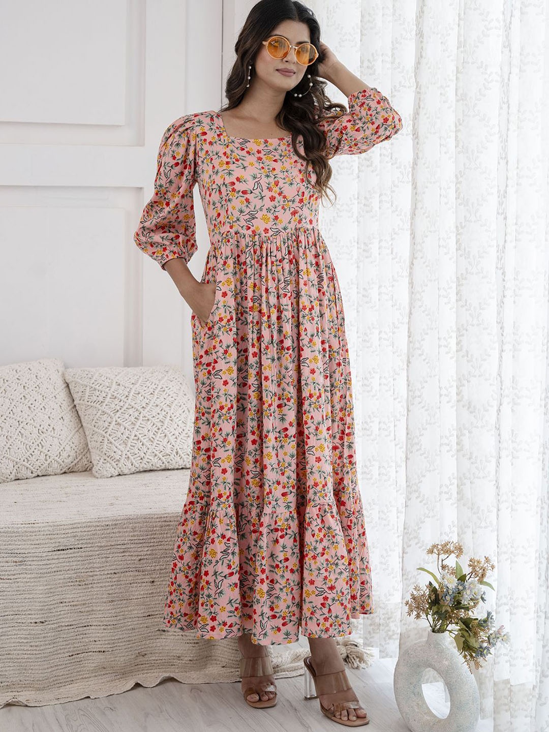 

Nayo Floral Print Puff Sleeves Crepe Maxi Dress, Peach