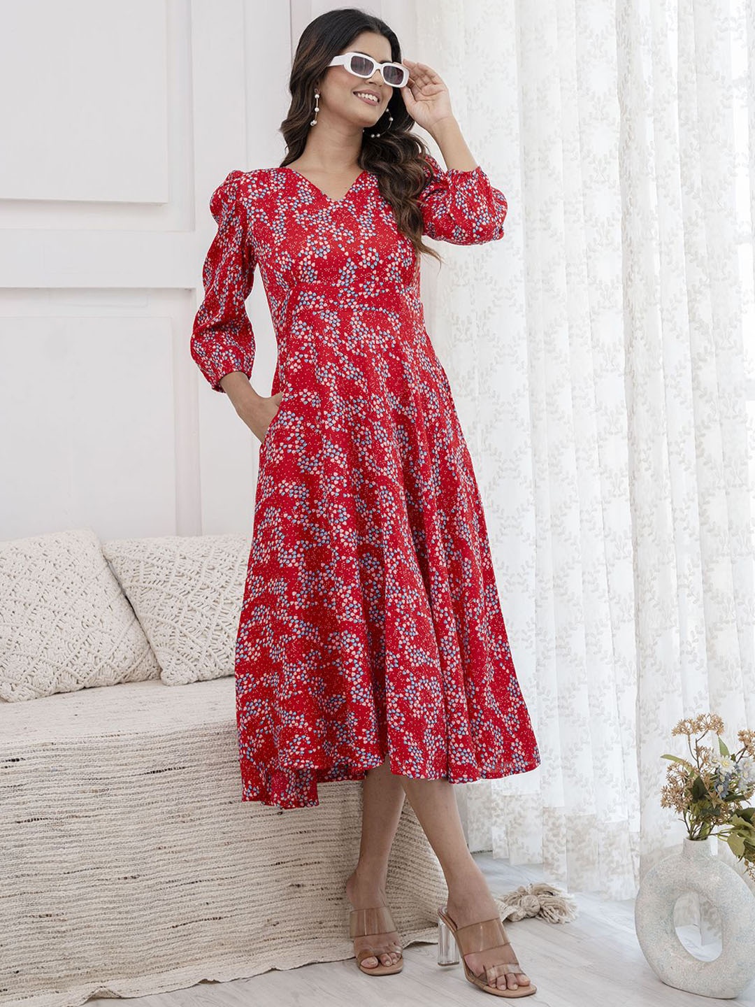 

Nayo Floral Print Puff Sleeve Crepe Fit & Flare Midi Dress, Red