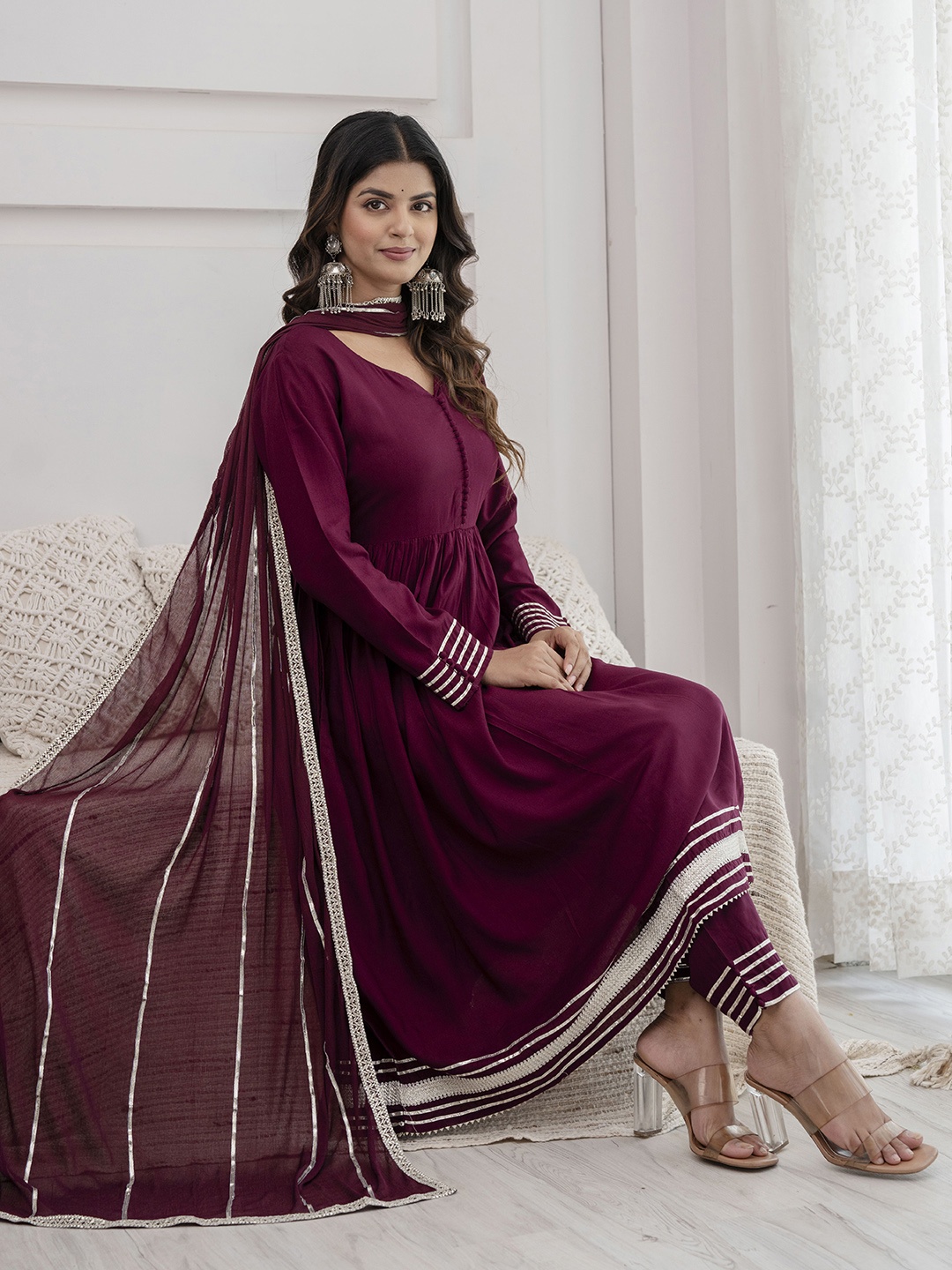 

Nayo Regular Gotta Patti Kurta with Trousers & With Dupatta, Burgundy