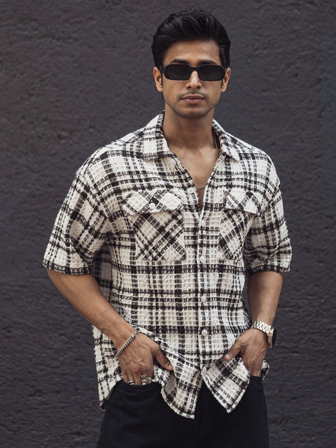 

Powerlook Men Tartan Checks Opaque Checked Casual Shirt, Off white