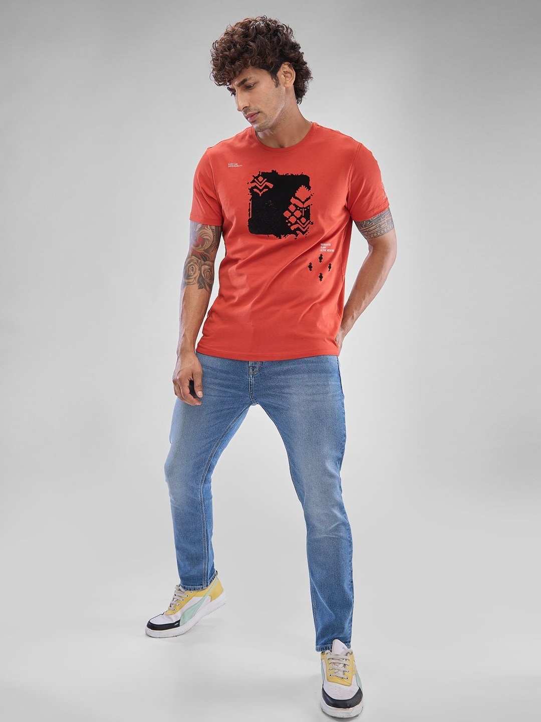 SPYKAR Men Graphic Printed Slim Fit T-shirt, Orange