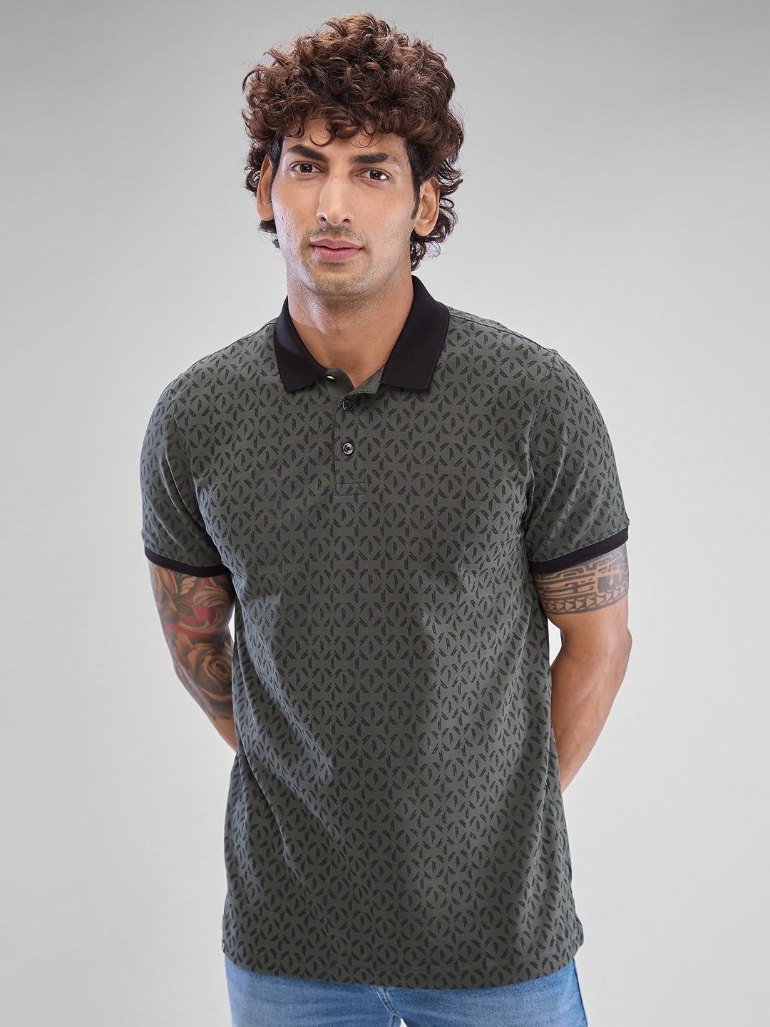 

SPYKAR Men Geometric Printed Polo Collar Slim Fit T-shirt, Grey