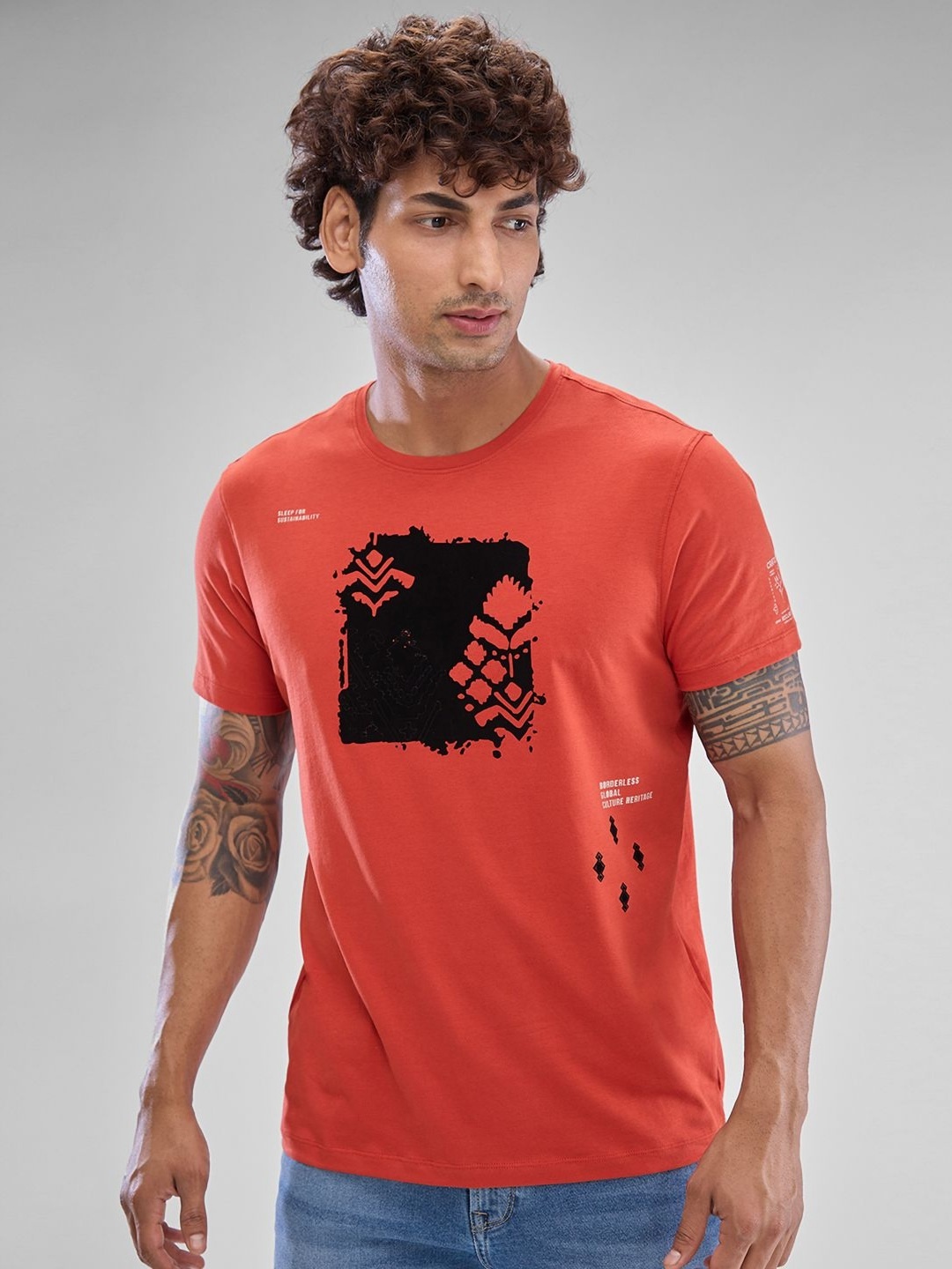 SPYKAR Men Graphic Printed Slim Fit T-shirt, Coral