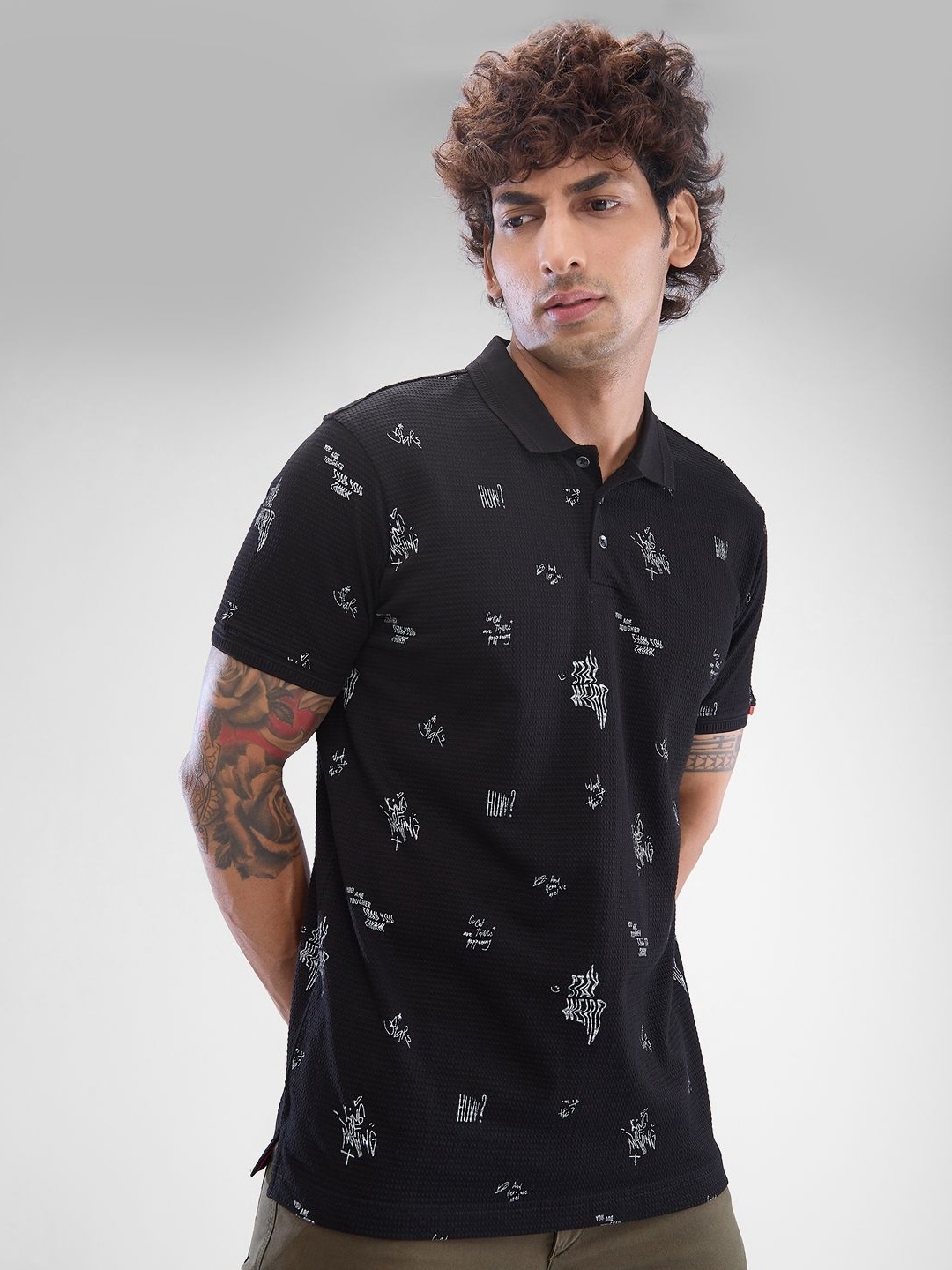 

SPYKAR Men Polo Collar Conversational Printed Slim Fit T-shirt, Black