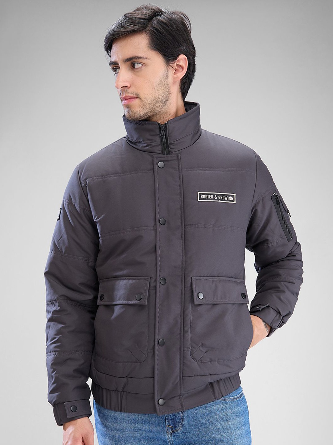 

SPYKAR Men Solid Padded Regular Fit Jacket With Patchwork, Grey