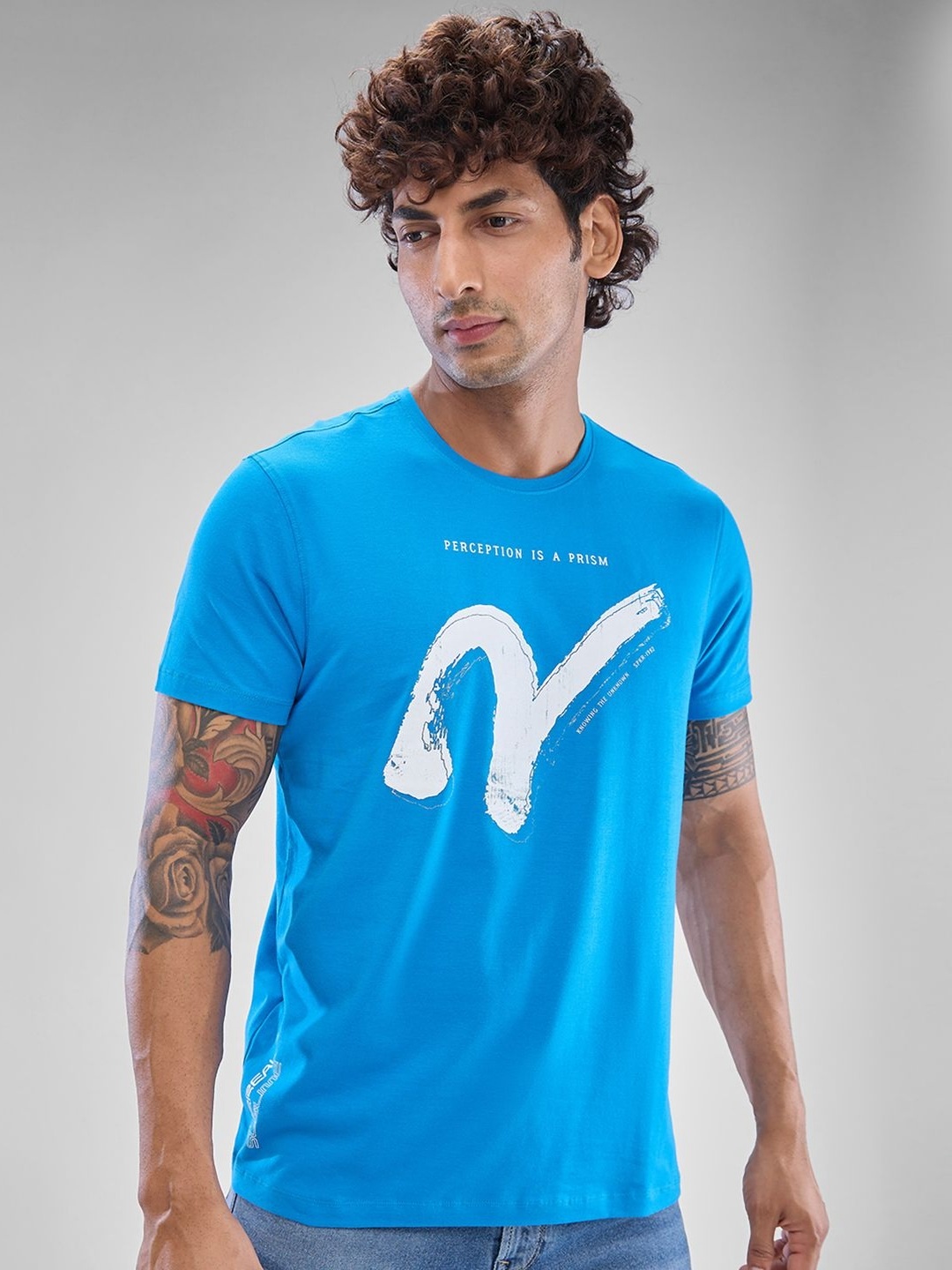 

SPYKAR Men Typography Printed Slim Fit Round Neck T-shirt, Blue