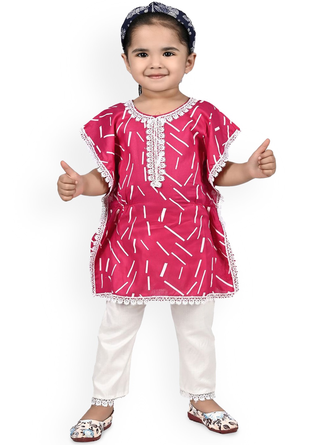 

BAESD Girls Printed Regular Thread Work Kaftan Kurta With Trousers, Pink