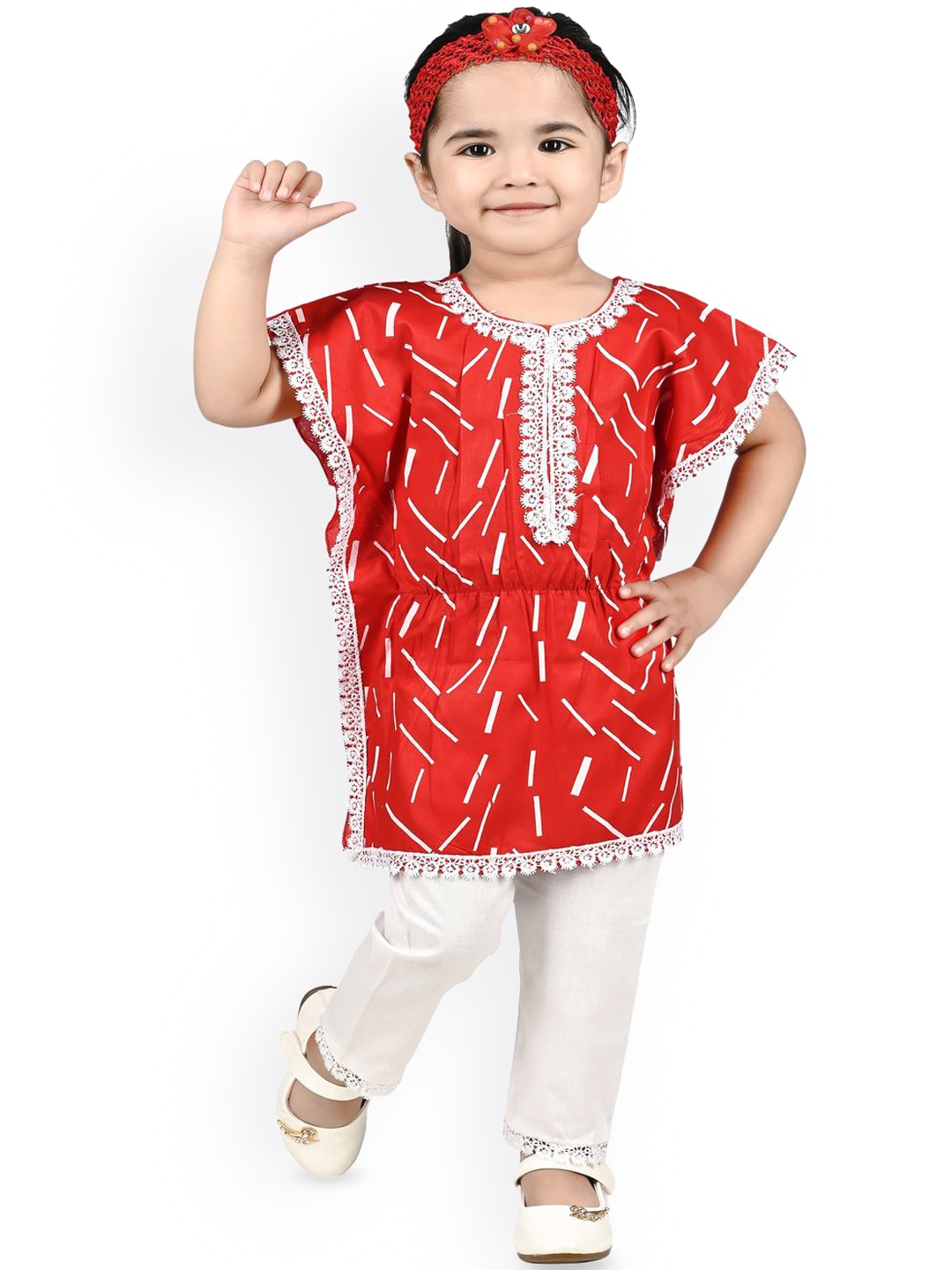 

BAESD Girls Printed Regular Kaftan Kurta With Trousers, Red