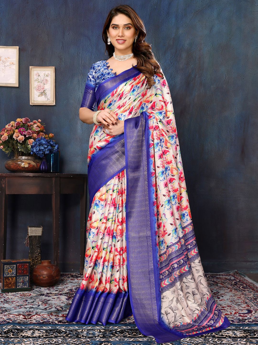 

Mitera Floral Zari Saree, Blue