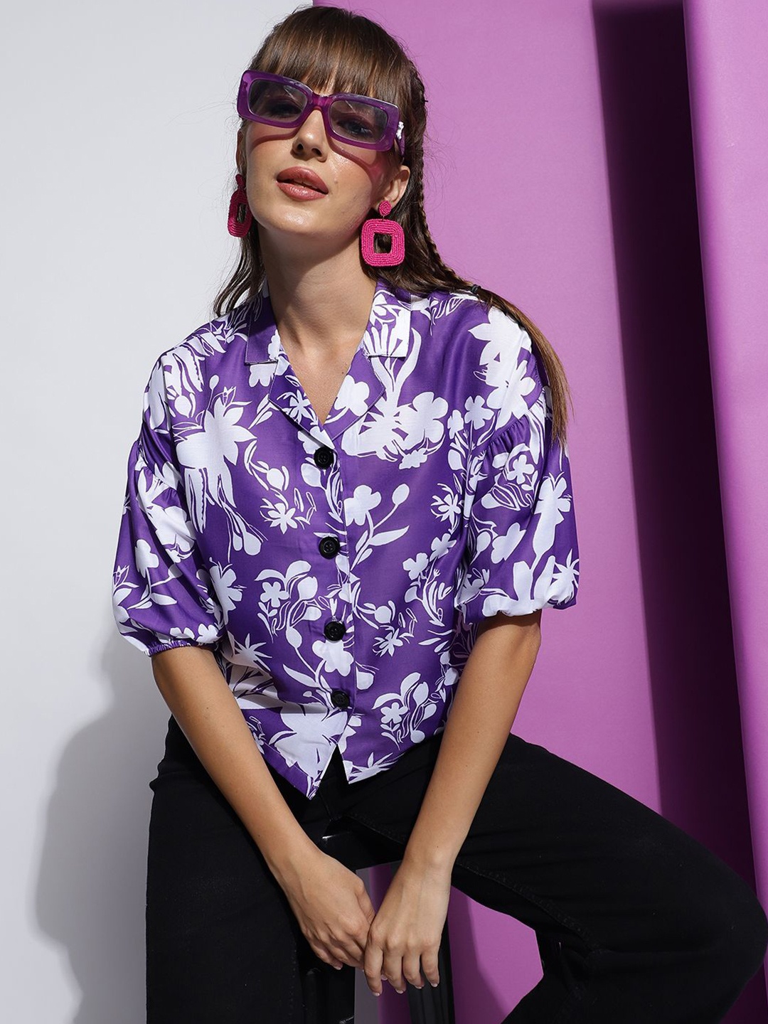 

BAESD Women Floral Printed Casual Crop Shirt, Violet