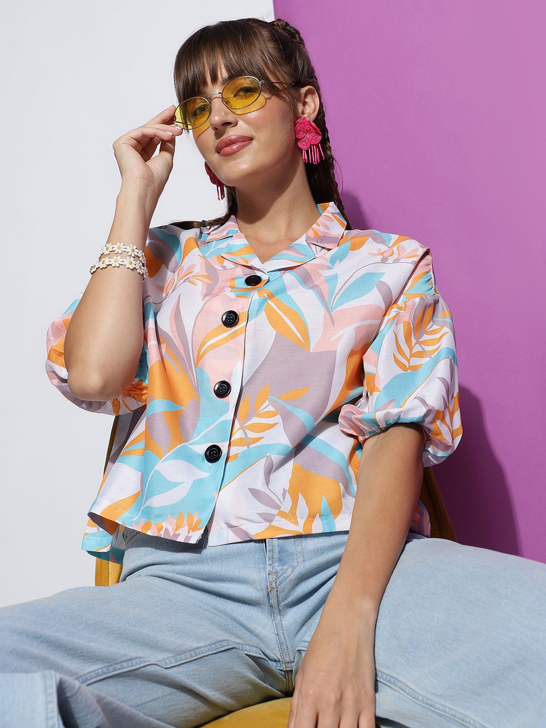 

BAESD Women Floral Printed Casual Crop Shirt, Orange