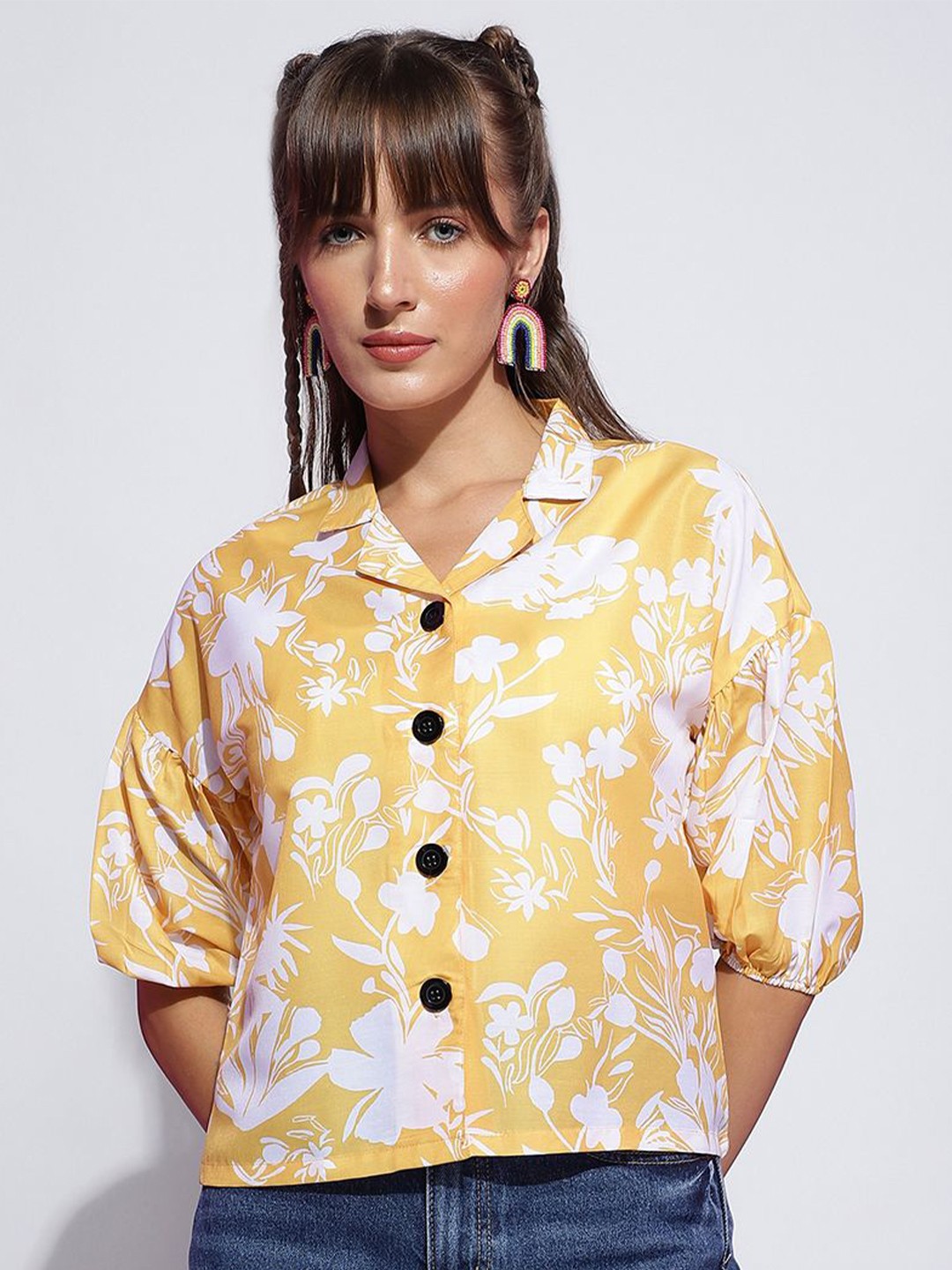 

BAESD Women Floral Printed Casual Crop Shirt, Yellow