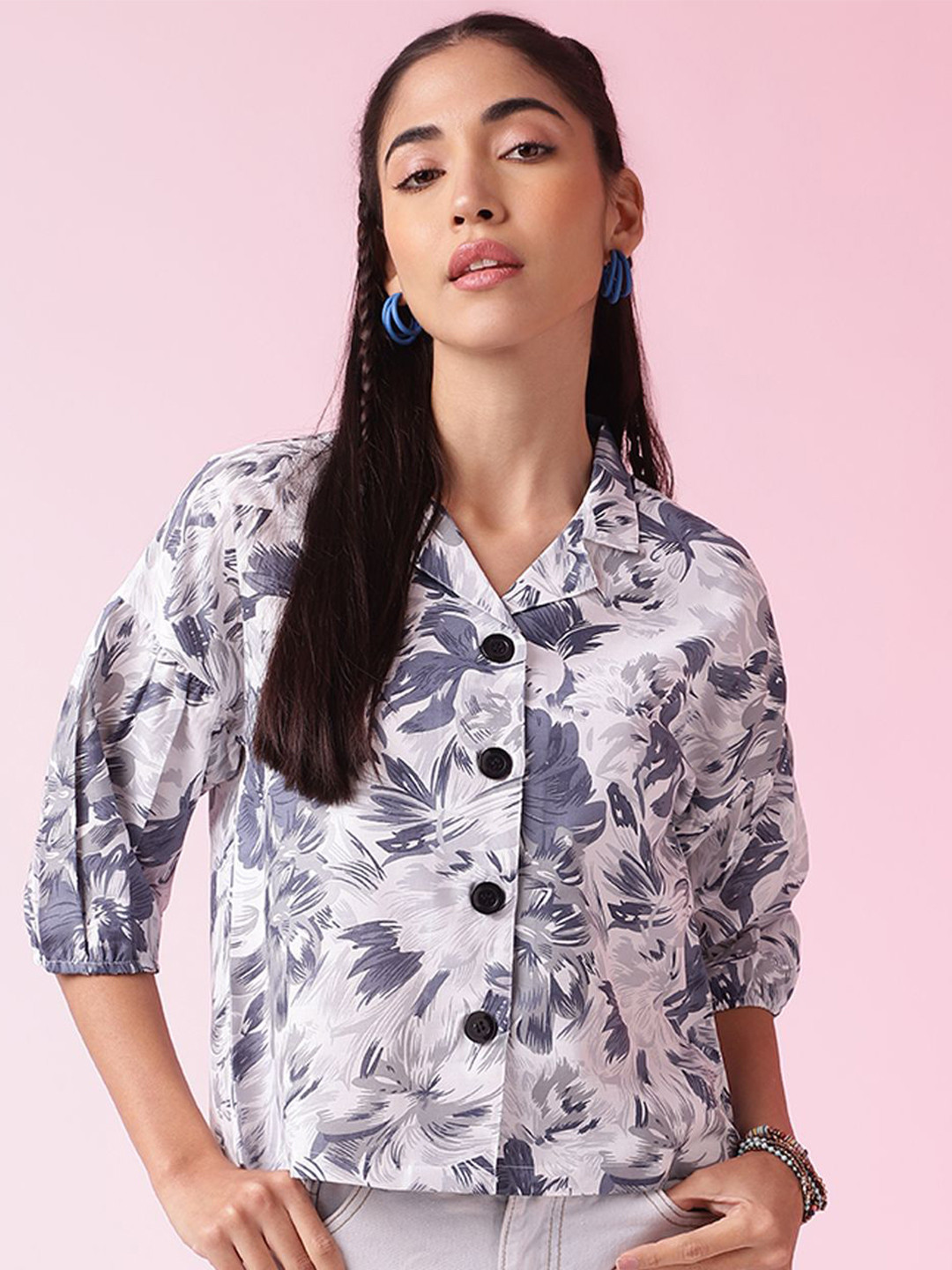 

BAESD Women Floral Printed Casual Crop Shirt, Grey