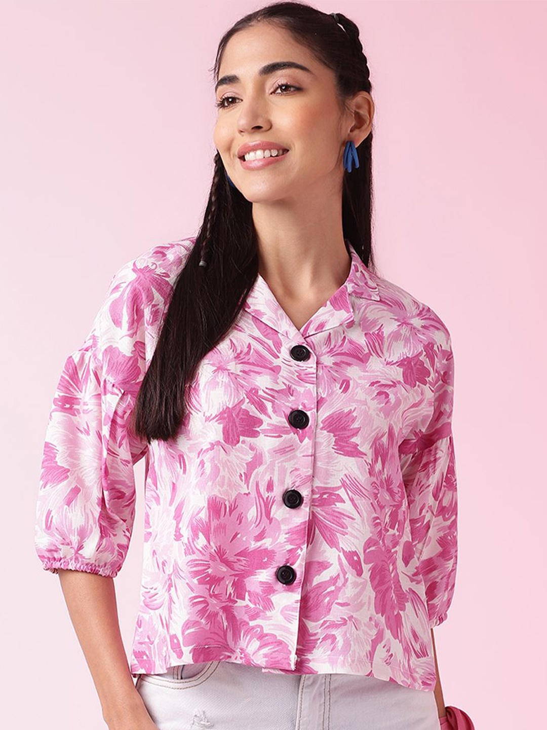 

BAESD Women Floral Printed Casual Crop Shirt, Pink