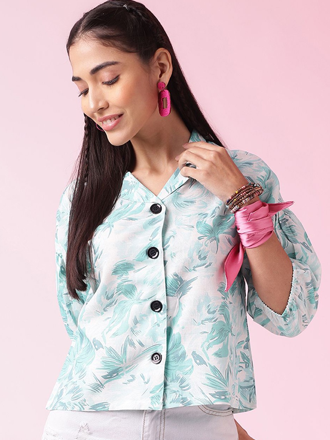 

BAESD Women Floral Printed Casual Crop Shirt, Sea green