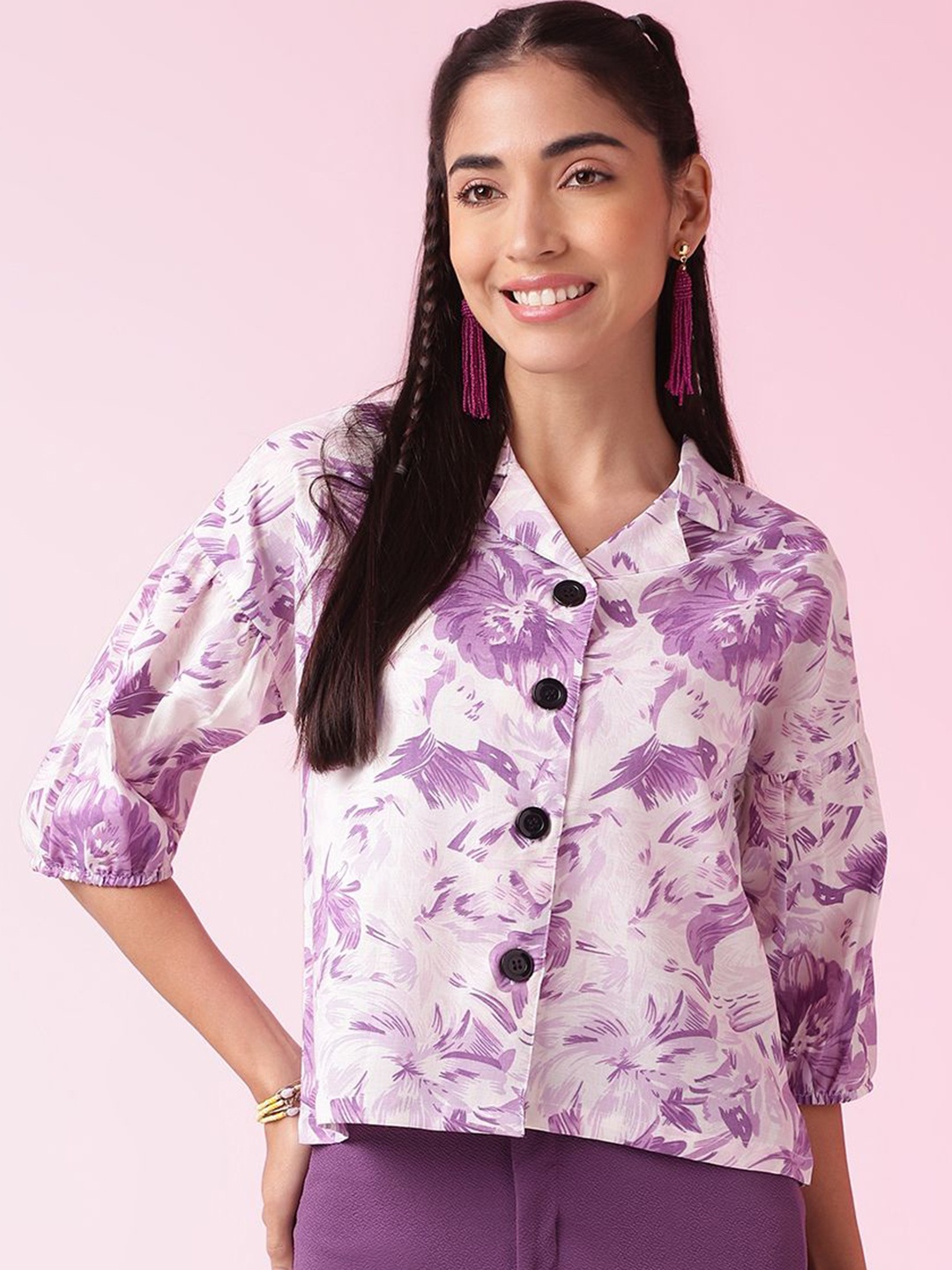 

BAESD Women Floral Printed Casual Crop Shirt, Violet