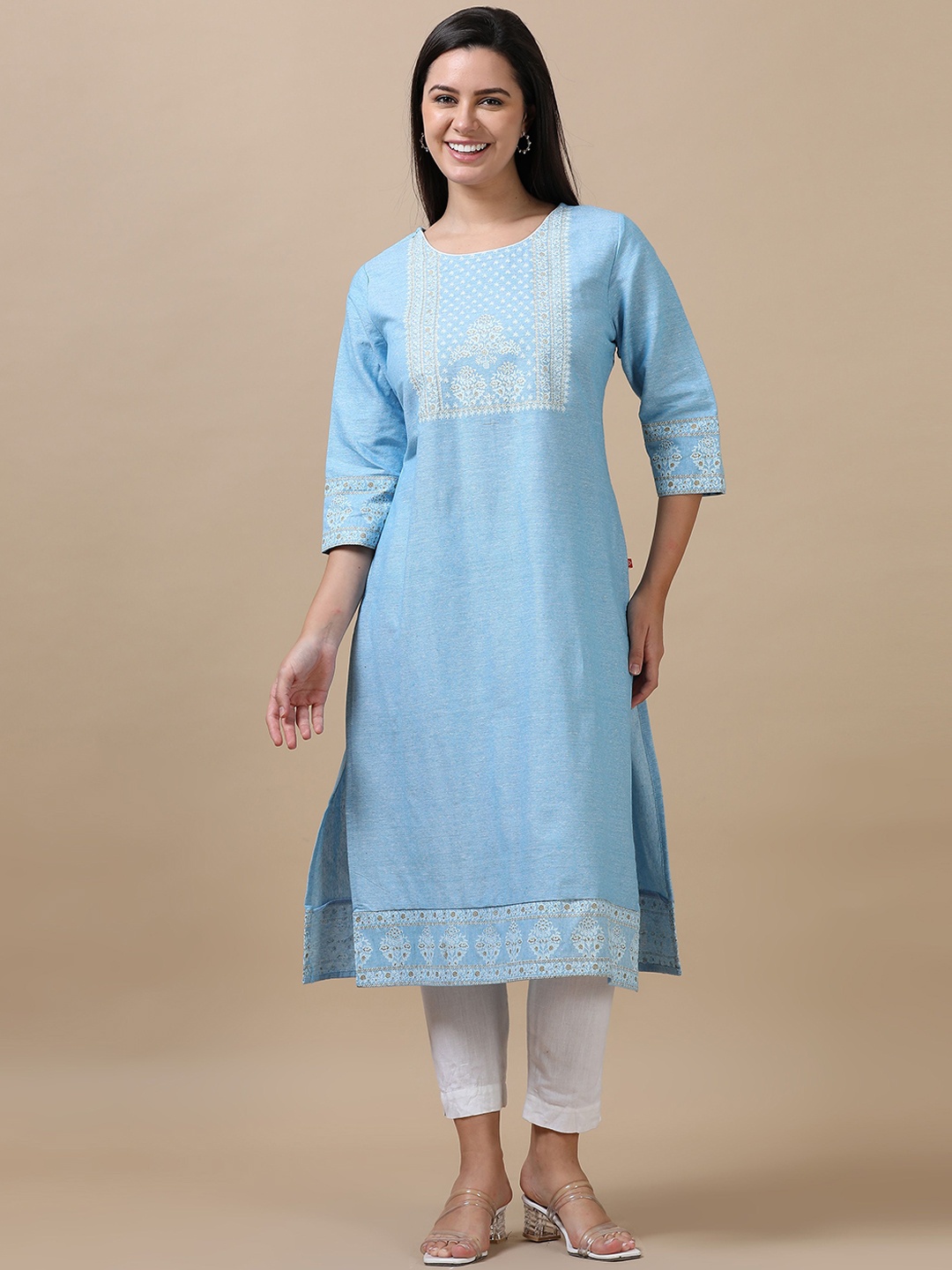 

Marcia Ethnic Motifs Printed Round Neck Pure Cotton Straight Kurta, Blue